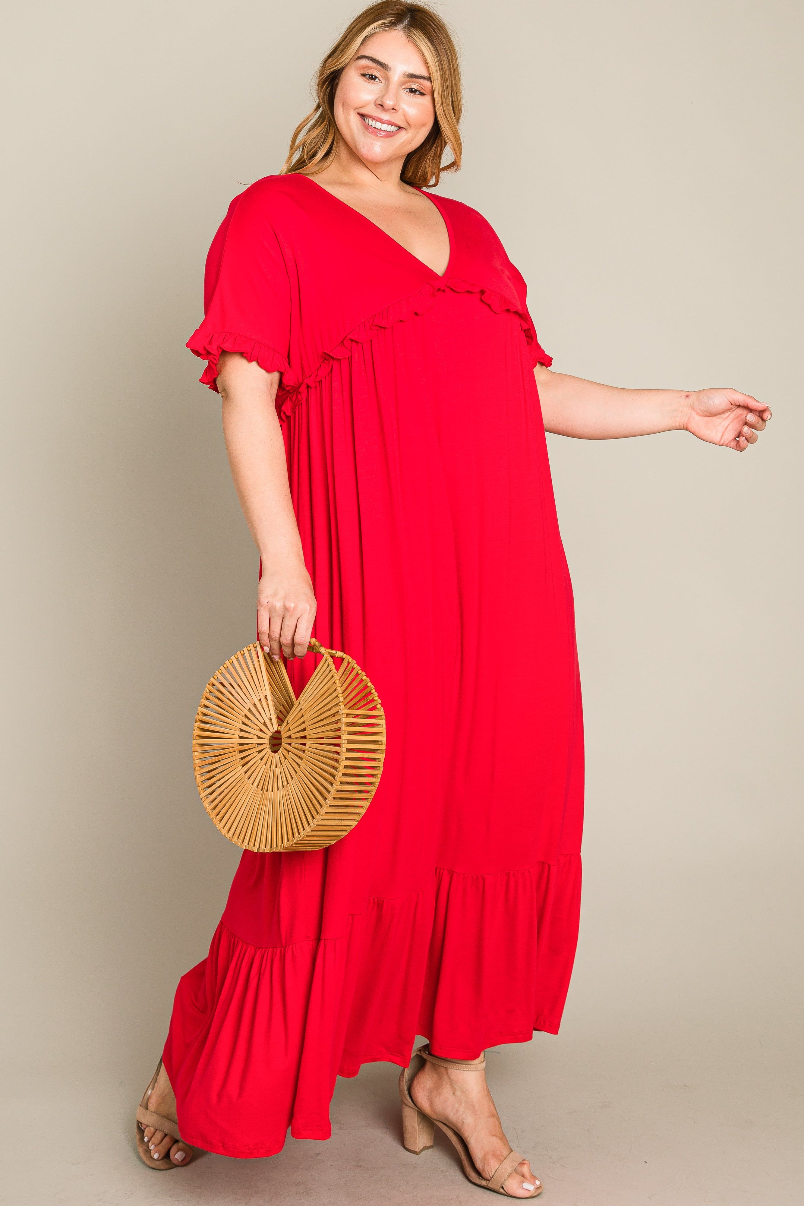 Red Solid Ruffle Plus Maxi Dress sold by Pinkblush product image thumbnail 11