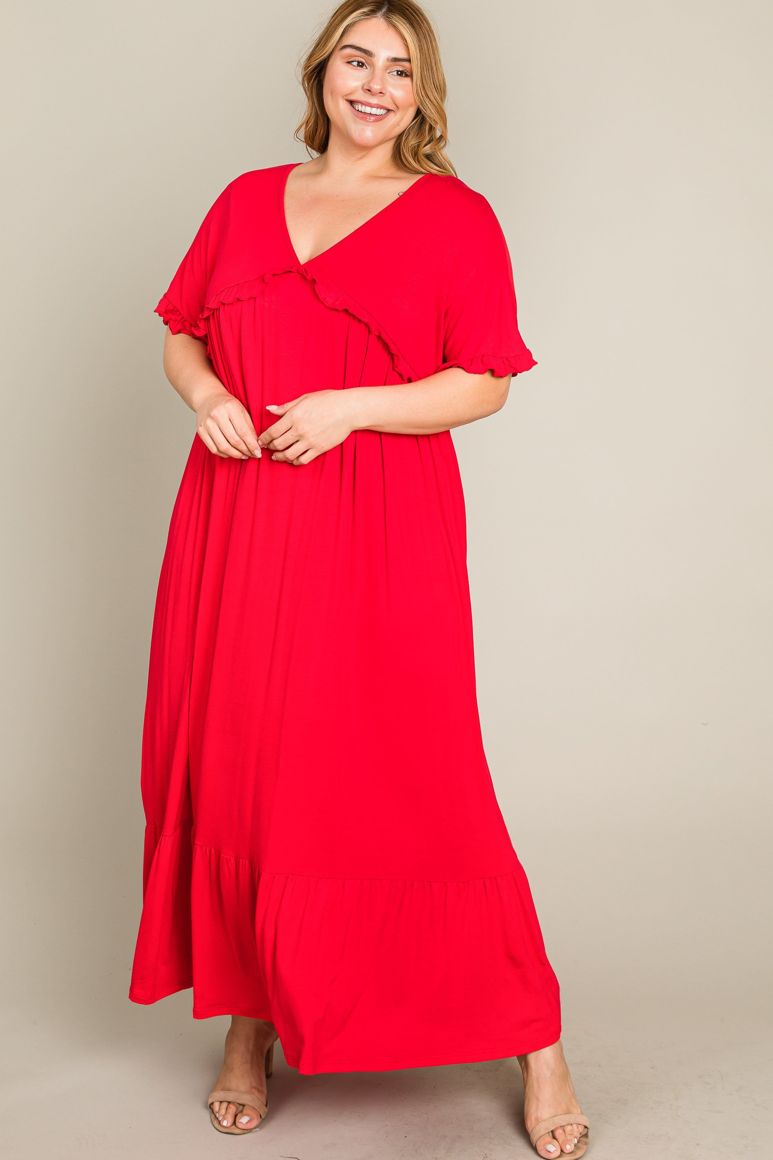 Red Solid Ruffle Plus Maxi Dress sold by Pinkblush product image thumbnail 5