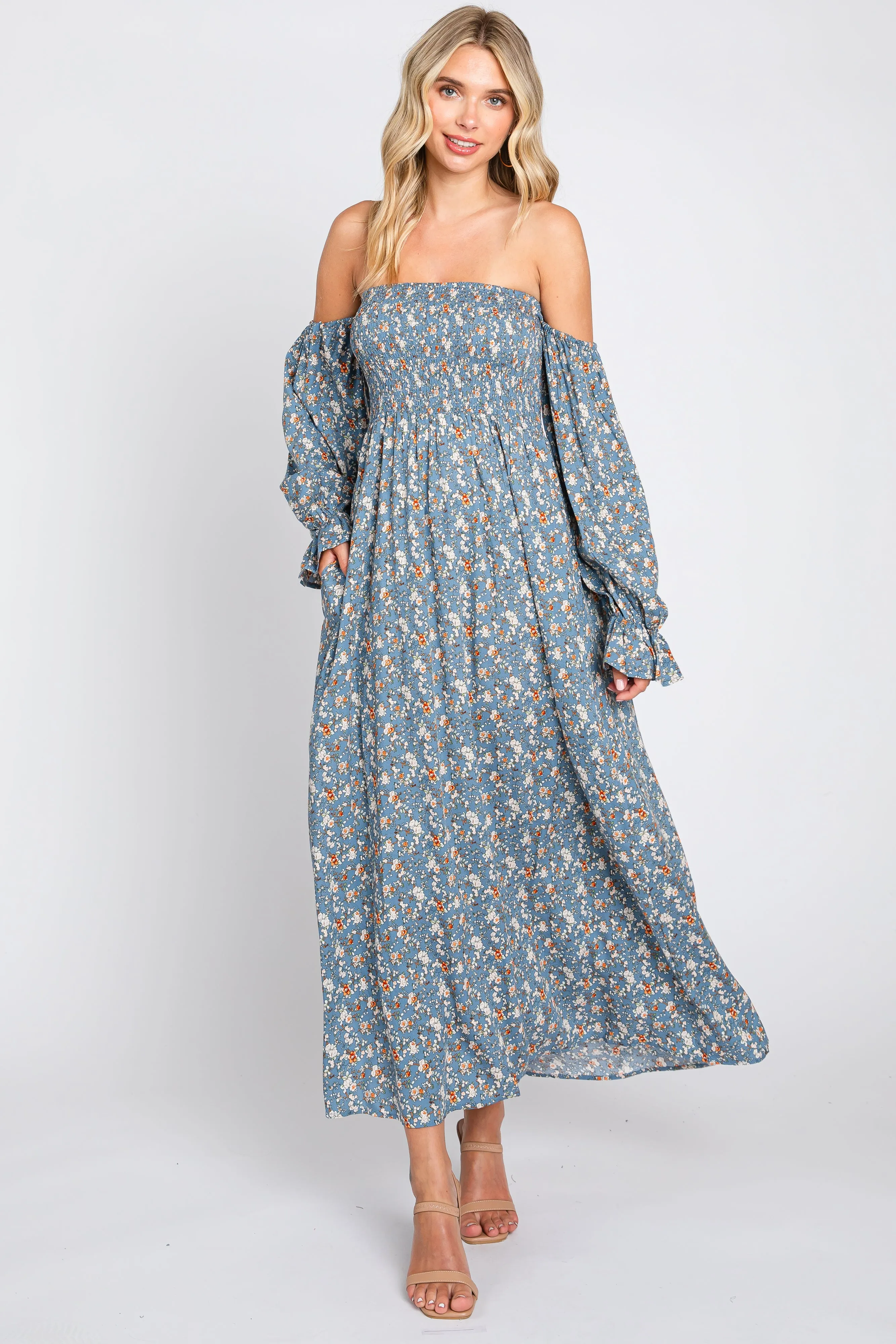 Blue Floral Square Neck Smocked Long Sleeve Maternity Maxi Dress sold by Pinkblush product image thumbnail 5