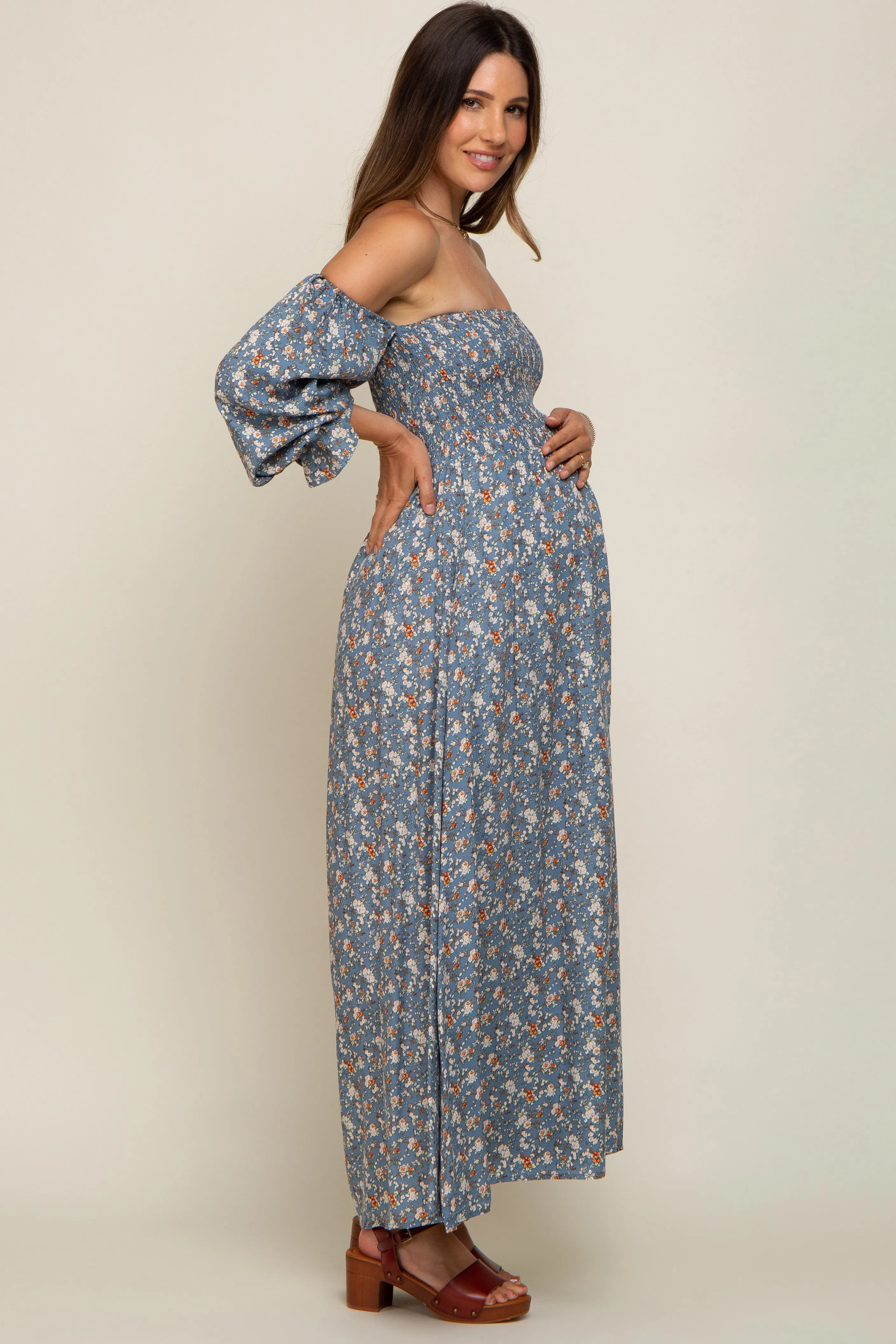 Blue Floral Square Neck Smocked Long Sleeve Maternity Maxi Dress sold by Pinkblush product image thumbnail 2