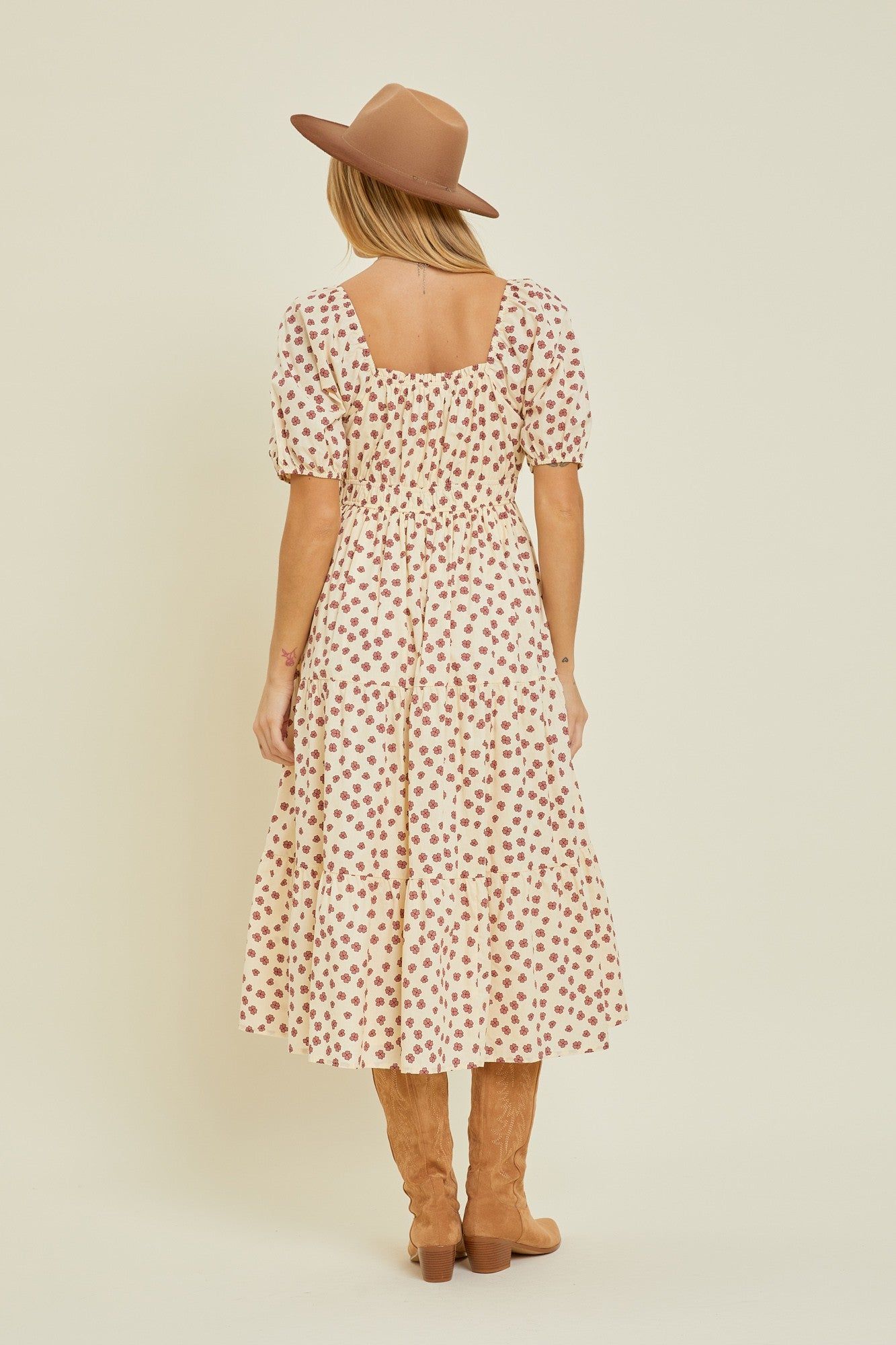 Cream Floral Puff Sleeve Tiered Midi Dress sold by Pinkblush product image thumbnail 3