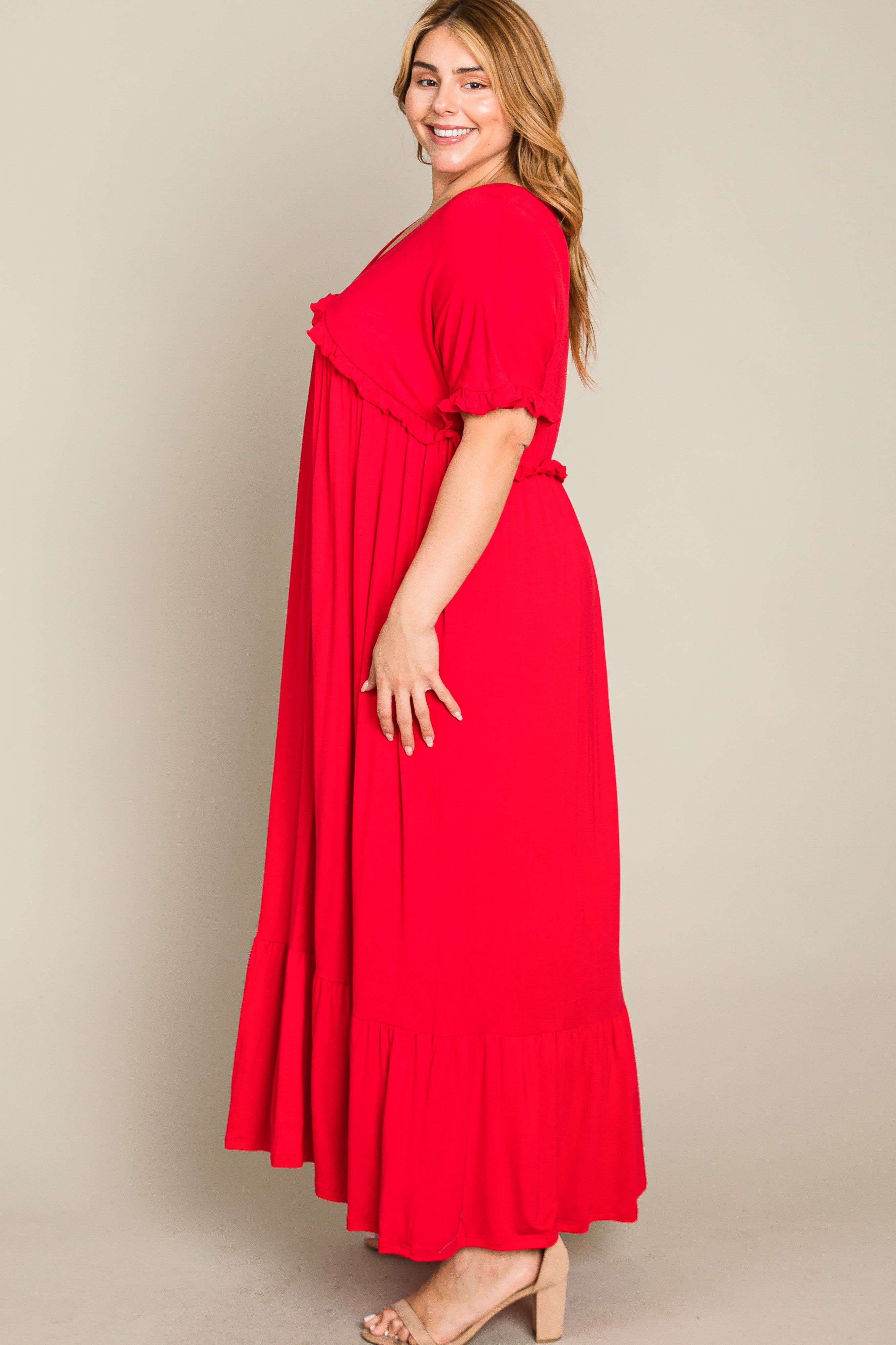 Red Solid Ruffle Plus Maxi Dress sold by Pinkblush product image thumbnail 6