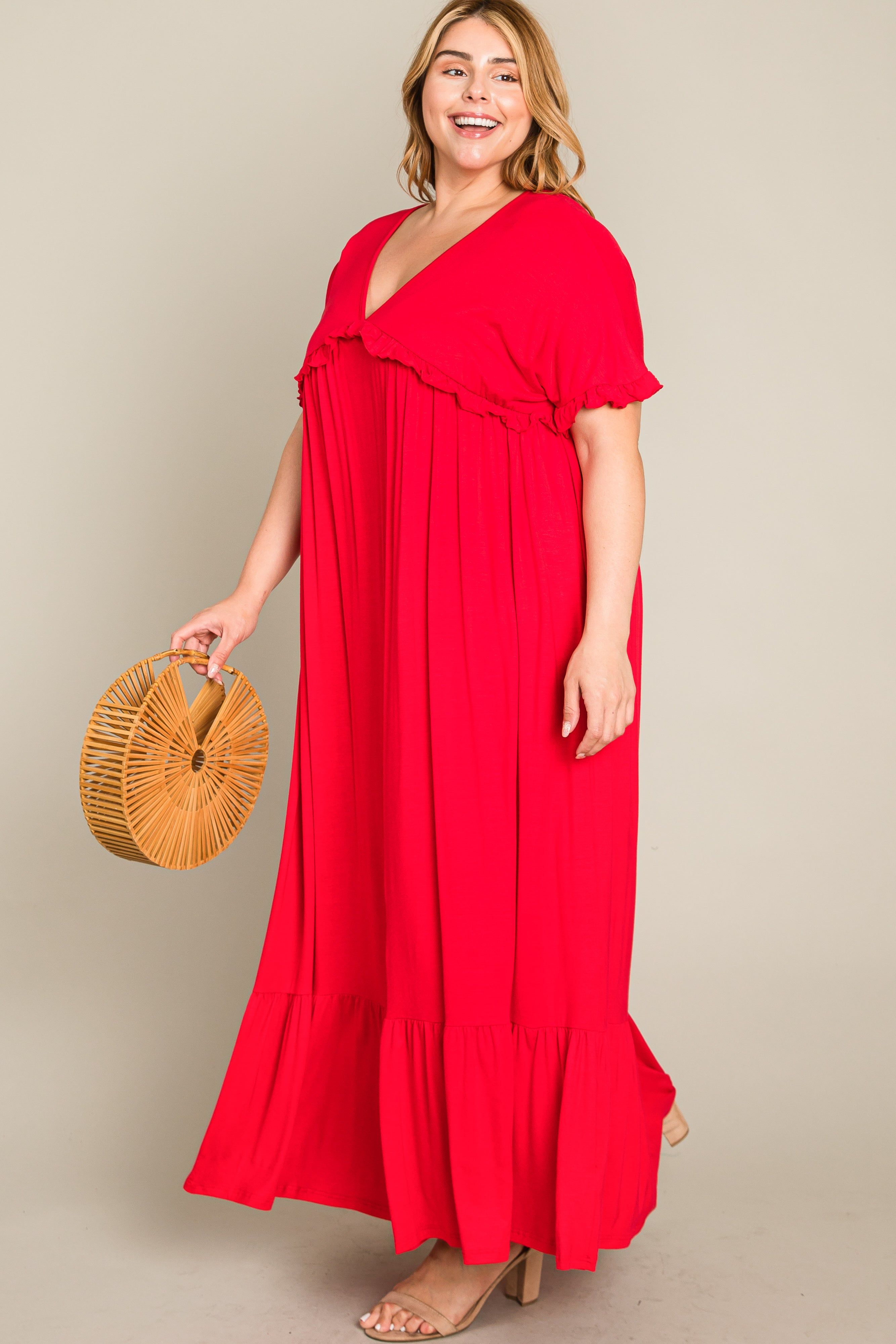 Red Solid Ruffle Plus Maxi Dress sold by Pinkblush product image thumbnail 3