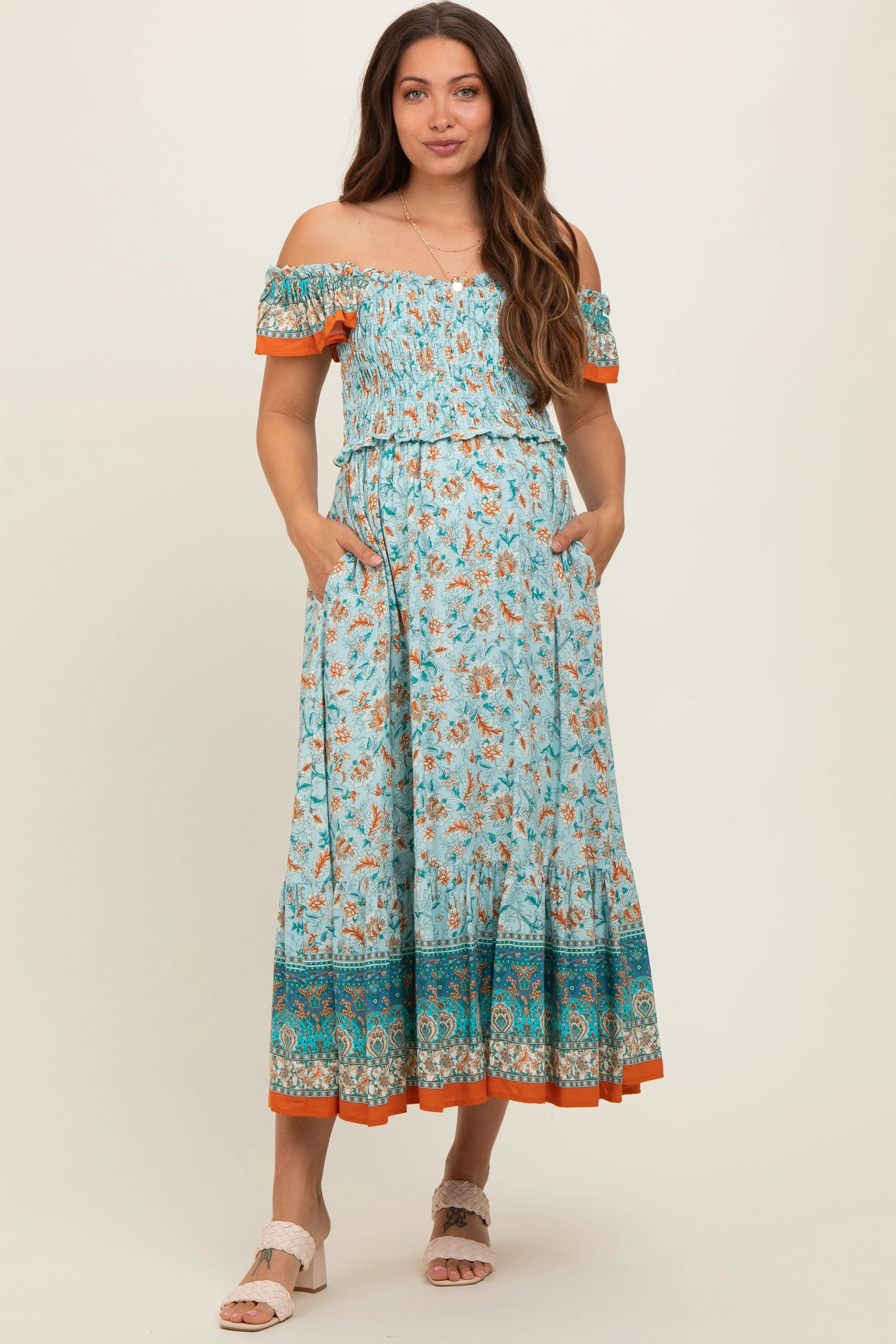 Light Blue Floral Smocked Maternity Midi Dress sold by Pinkblush product image thumbnail 2