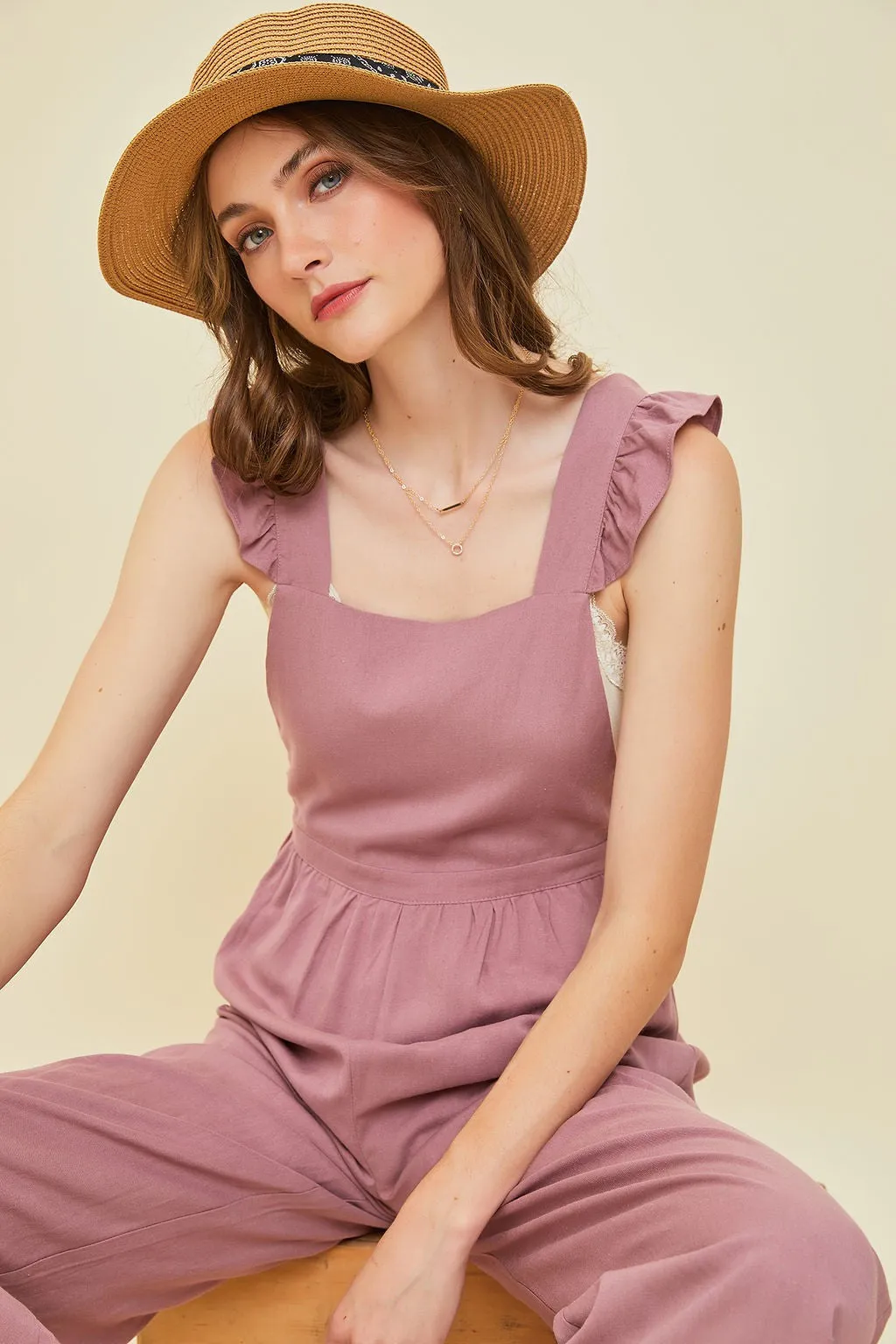 Dusty Plum Wide Leg Linen Jumpsuit With Ruffled Straps sold by Pinkblush product image thumbnail 4