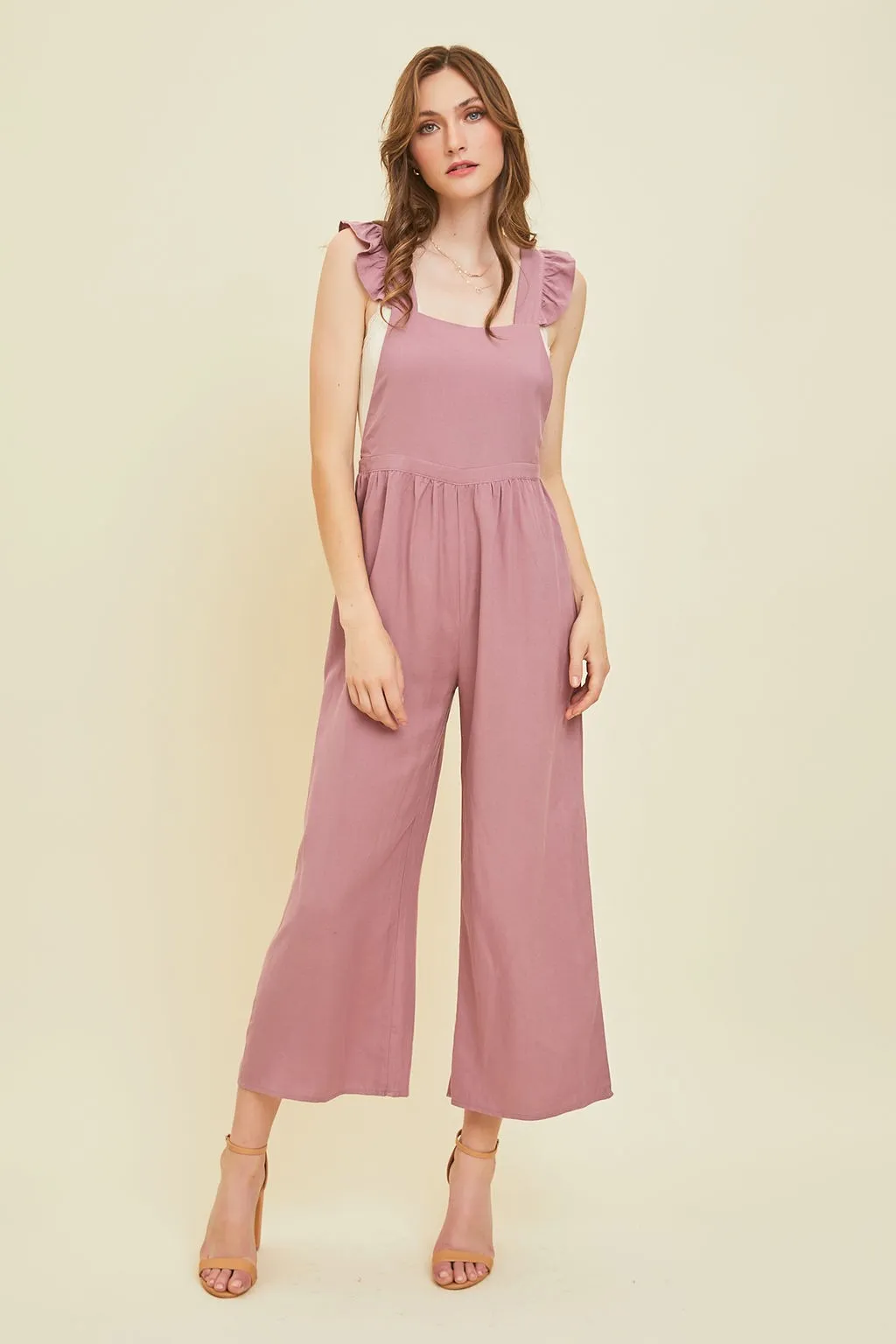 Dusty Plum Wide Leg Linen Jumpsuit With Ruffled Straps sold by Pinkblush