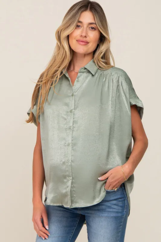 Olive Satin Button Down Smocked Accent Maternity Top sold by Pinkblush