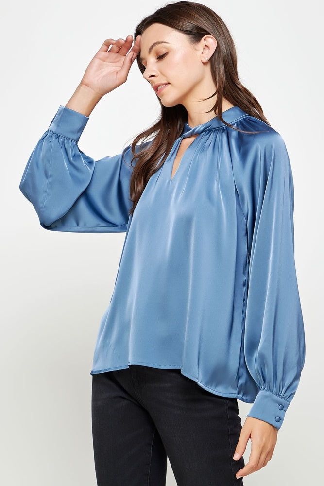 Deep Blue Neck Twist Detail Satin Blouse sold by Pinkblush
