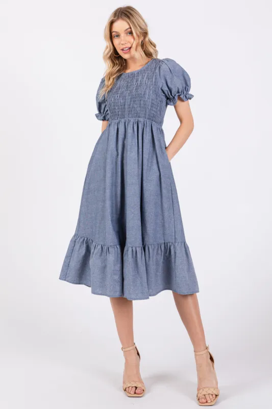 Blue Chambray Smocked Puff Sleeve Dress sold by Pinkblush