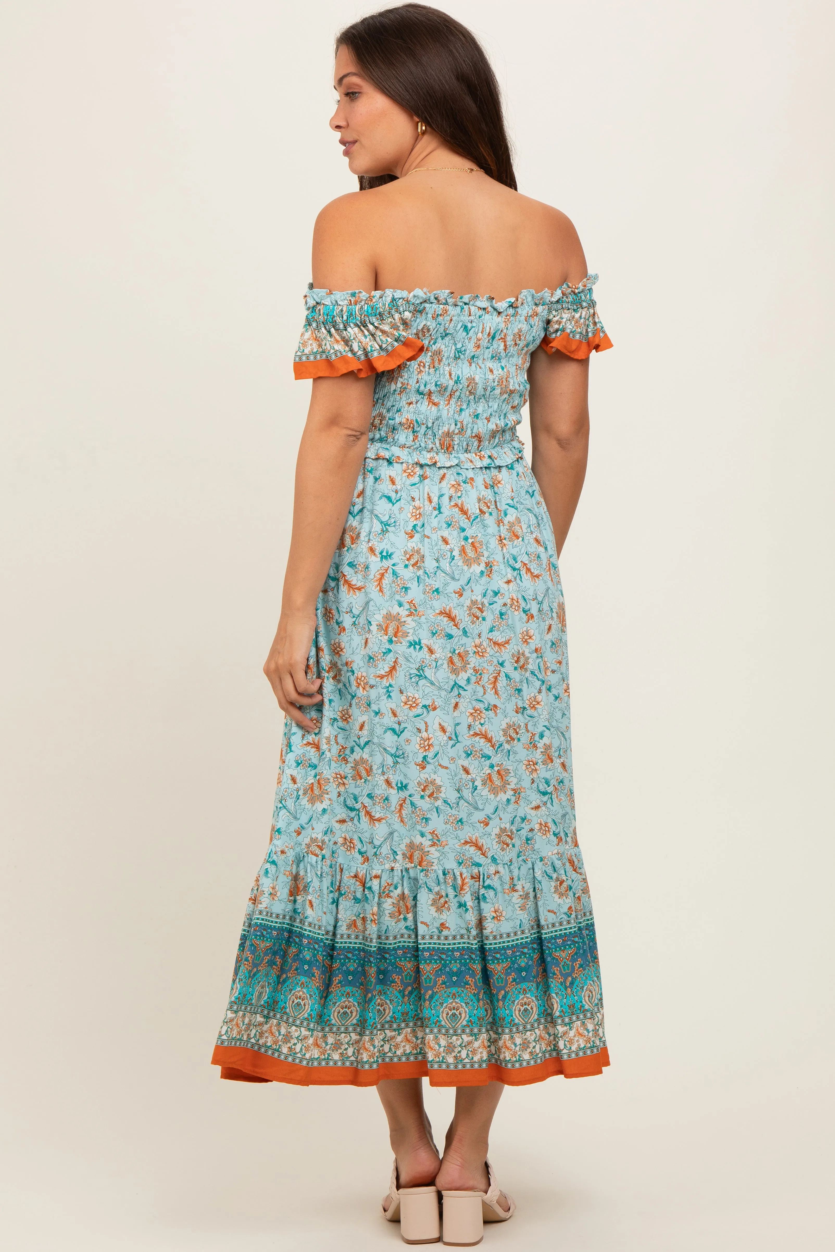Light Blue Floral Smocked Maternity Midi Dress sold by Pinkblush product image thumbnail 3
