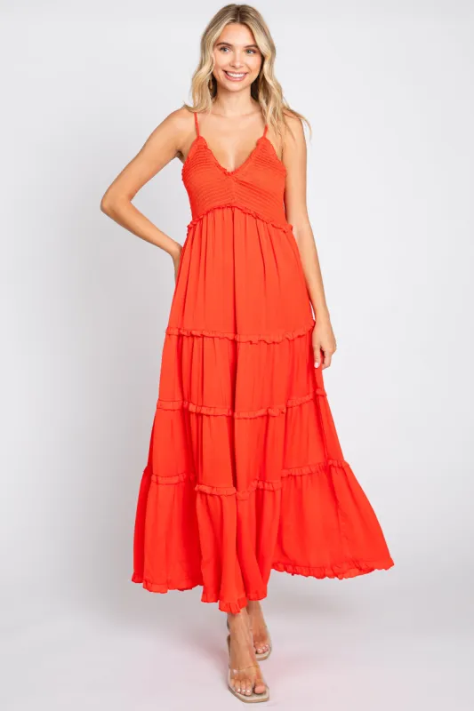 Red Orange Smocked Ruffle Tiered Maxi Dress sold by Pinkblush