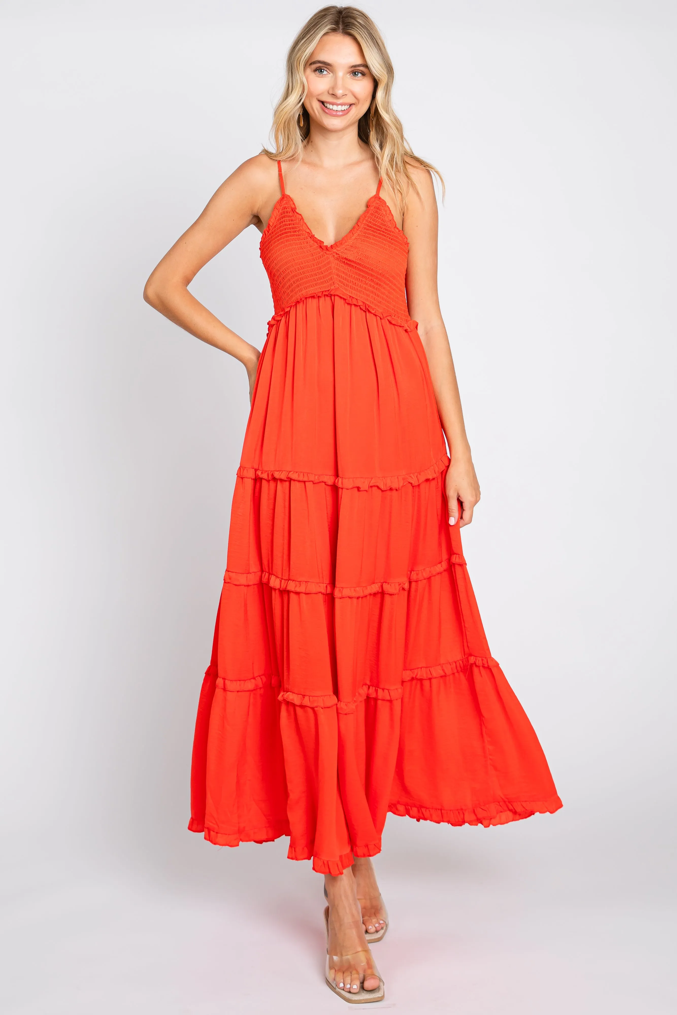 Red Orange Smocked Ruffle Tiered Maxi Dress sold by Pinkblush