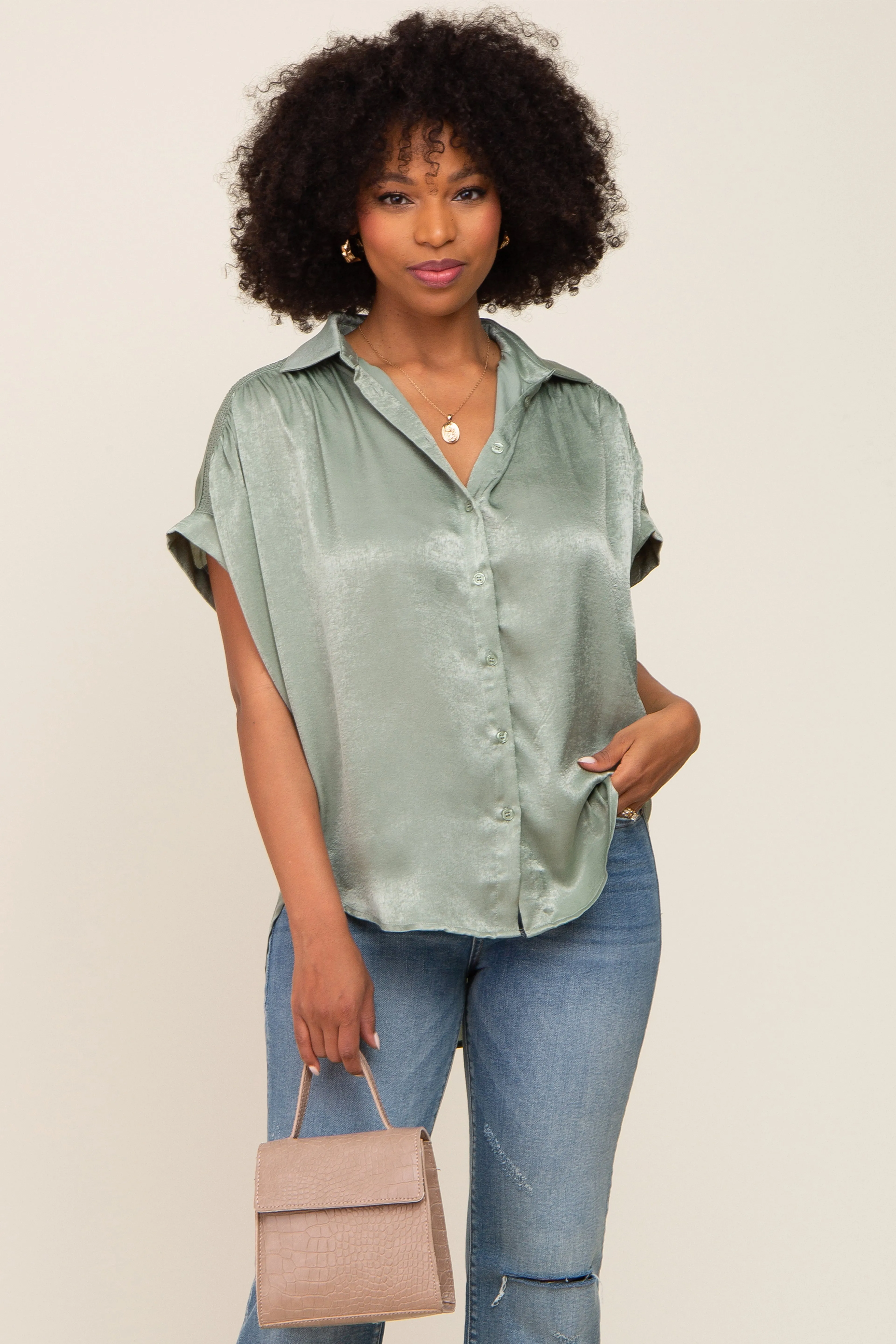 Olive Satin Button Down Smocked Accent Maternity Top sold by Pinkblush product image thumbnail 5