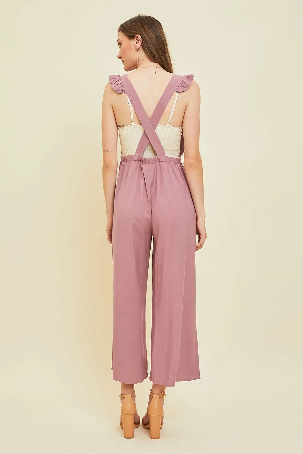 Dusty Plum Wide Leg Linen Jumpsuit With Ruffled Straps sold by Pinkblush product image thumbnail 2