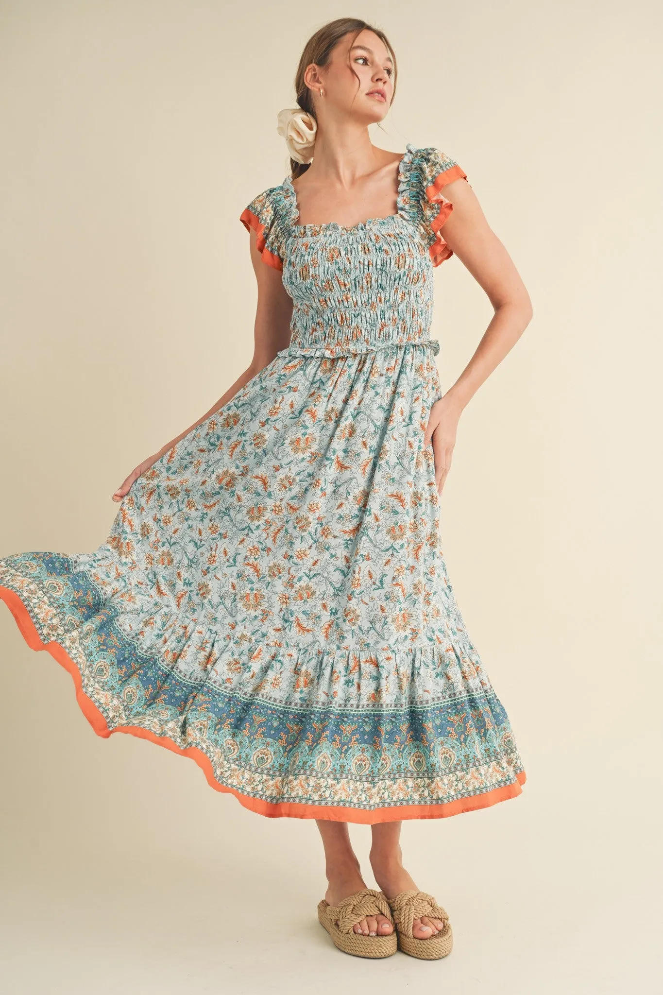 Light Blue Floral Smocked Maternity Midi Dress sold by Pinkblush product image thumbnail 4