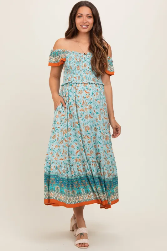 Light Blue Floral Smocked Maternity Midi Dress sold by Pinkblush