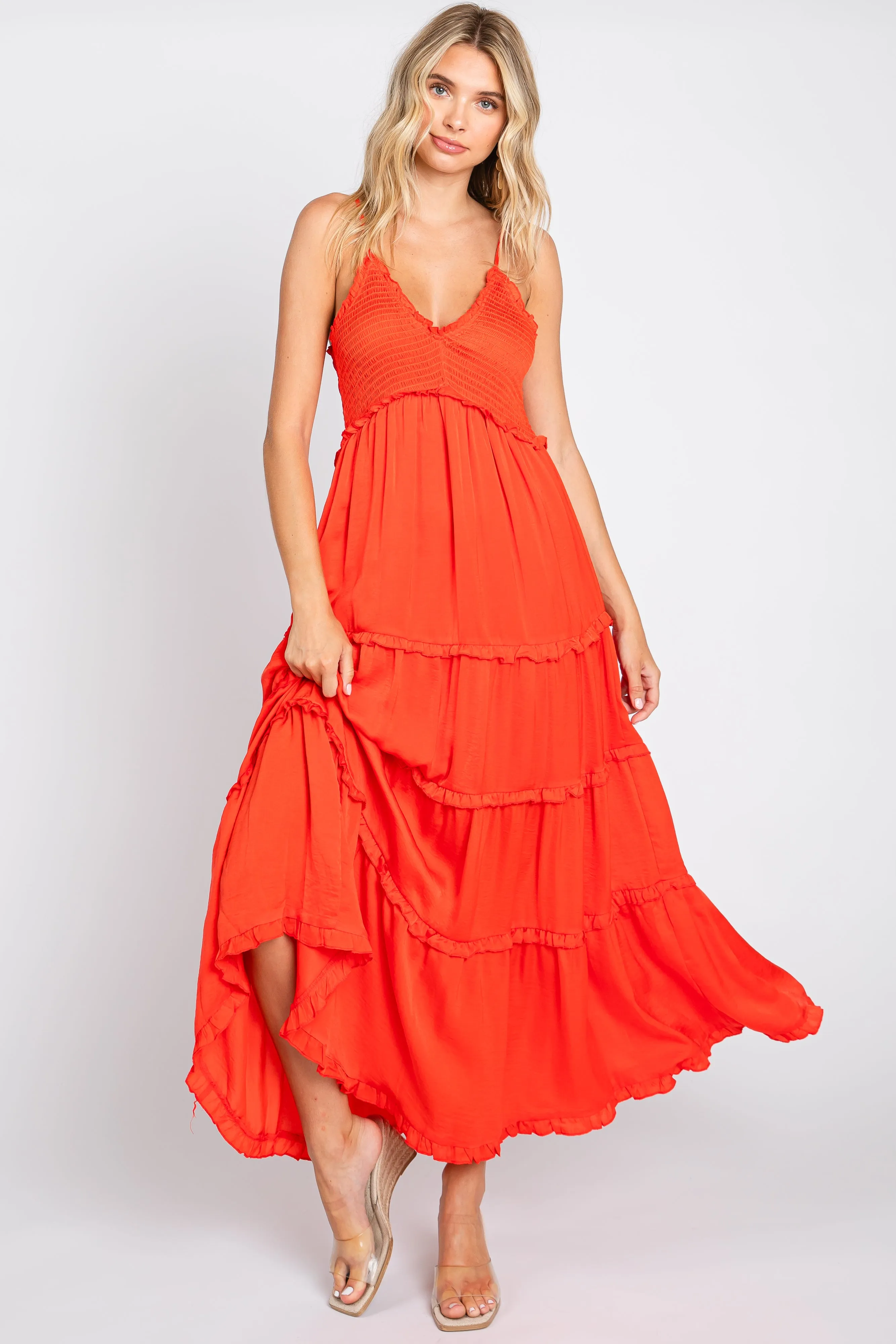 Red Orange Smocked Ruffle Tiered Maxi Dress sold by Pinkblush product image thumbnail 5