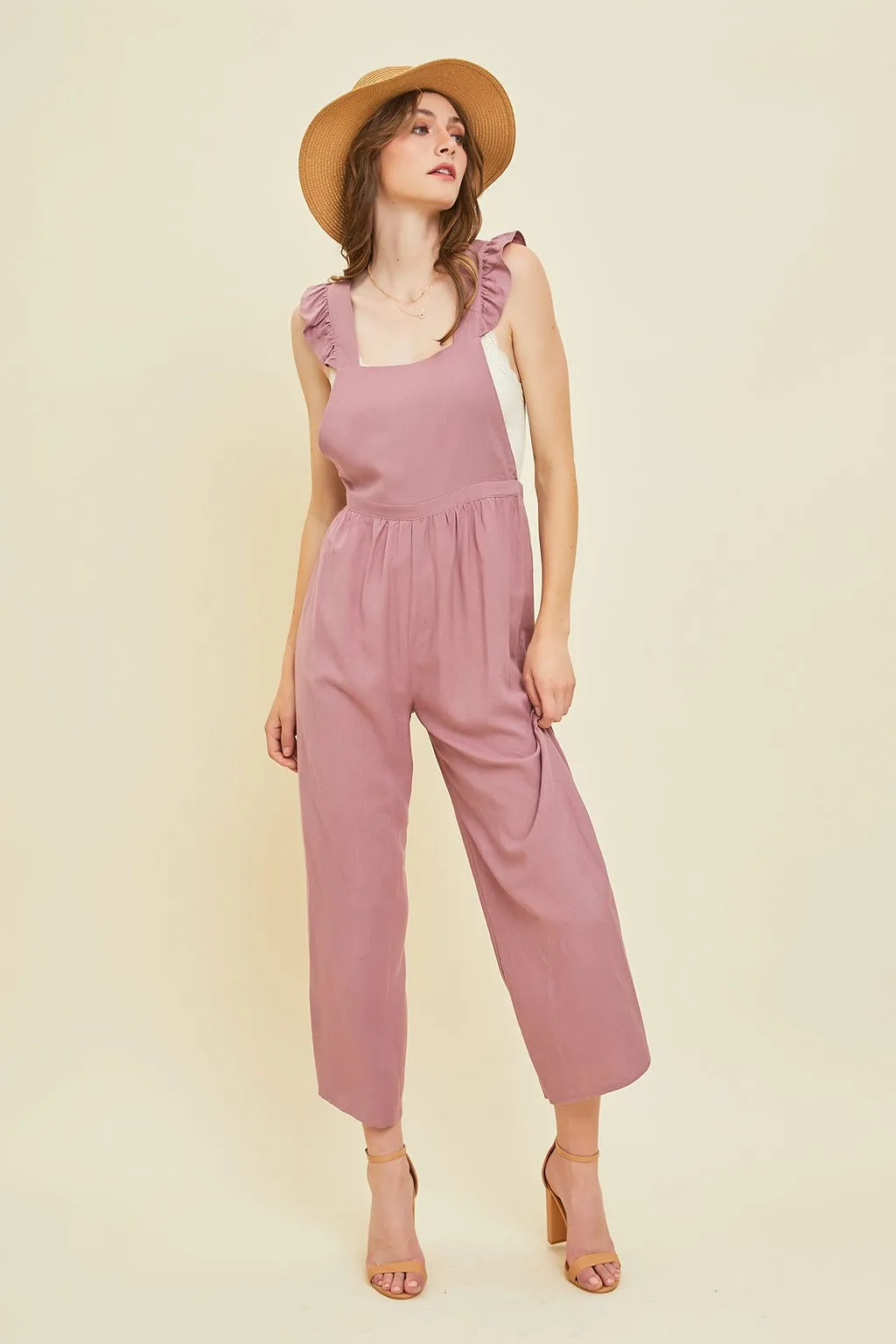 Dusty Plum Wide Leg Linen Jumpsuit With Ruffled Straps sold by Pinkblush product image thumbnail 3