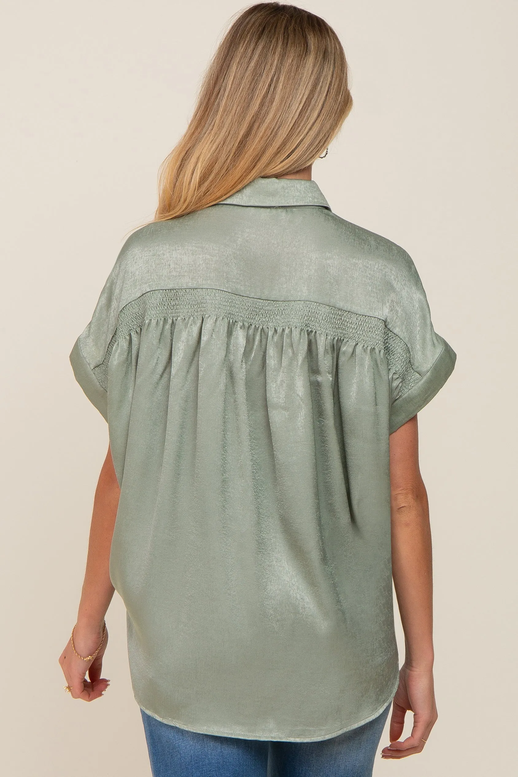 Olive Satin Button Down Smocked Accent Maternity Top sold by Pinkblush product image thumbnail 3