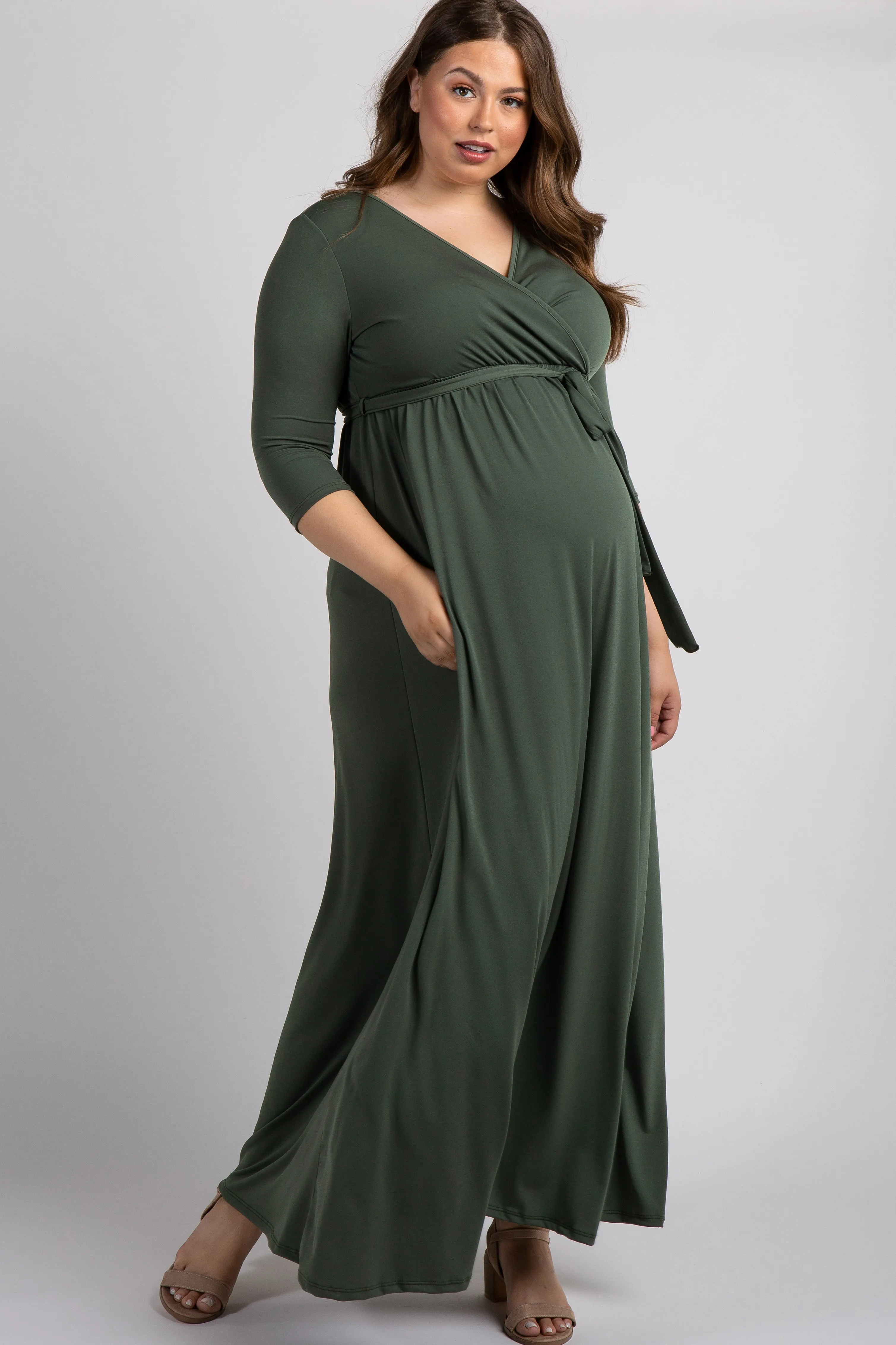 PinkBlush Olive Sash Tie Wrap Plus Maternity Maxi Dress sold by Pinkblush