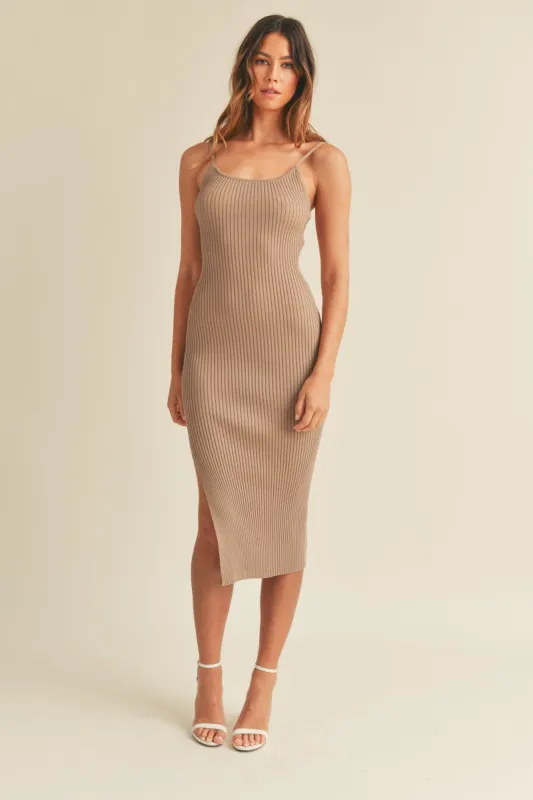 Mocha Ribbed Sleeveless Side Slit Midi Dress sold by Pinkblush