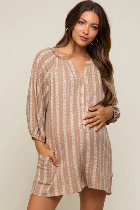 Light Mocha Printed Front Button Maternity Romper sold by Pinkblush