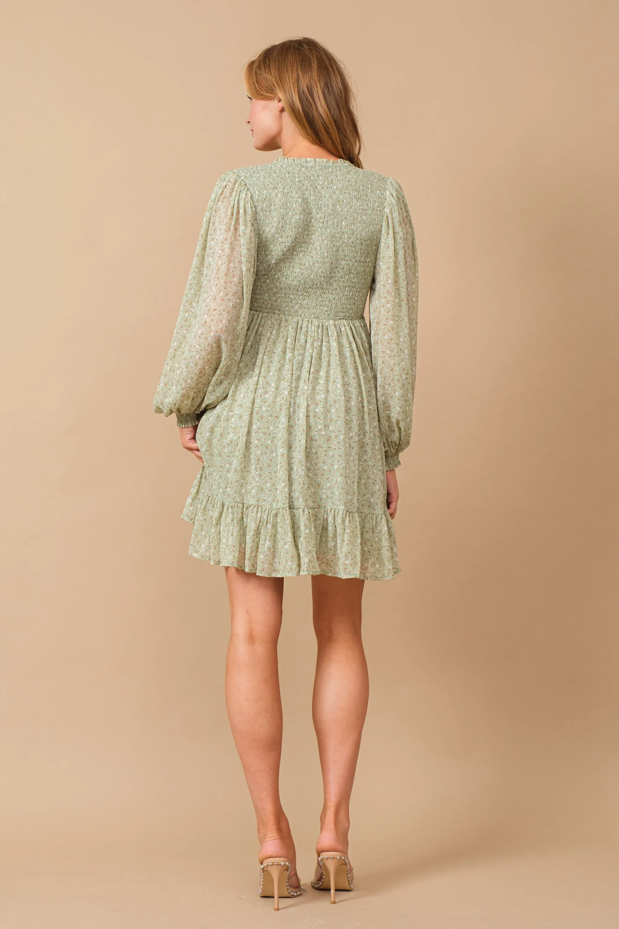 Sage Floral Smocked Long Sleeve Dress sold by Pinkblush product image thumbnail 4