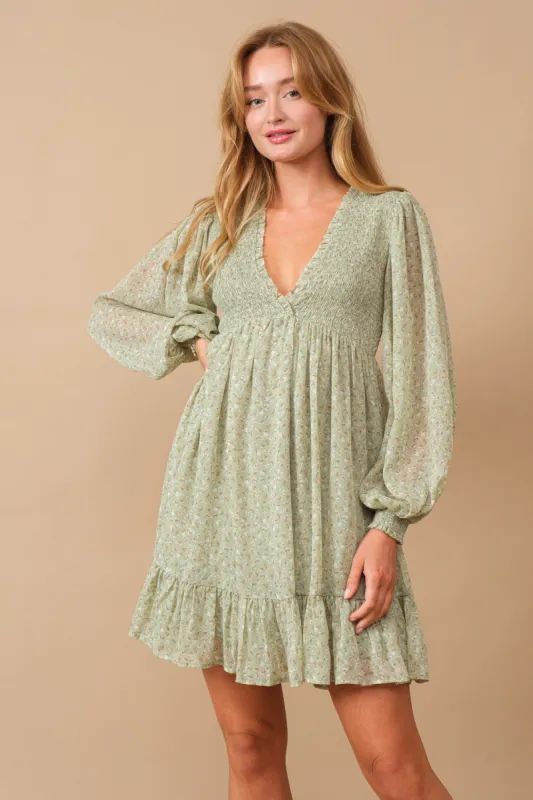 Sage Floral Smocked Long Sleeve Dress sold by Pinkblush