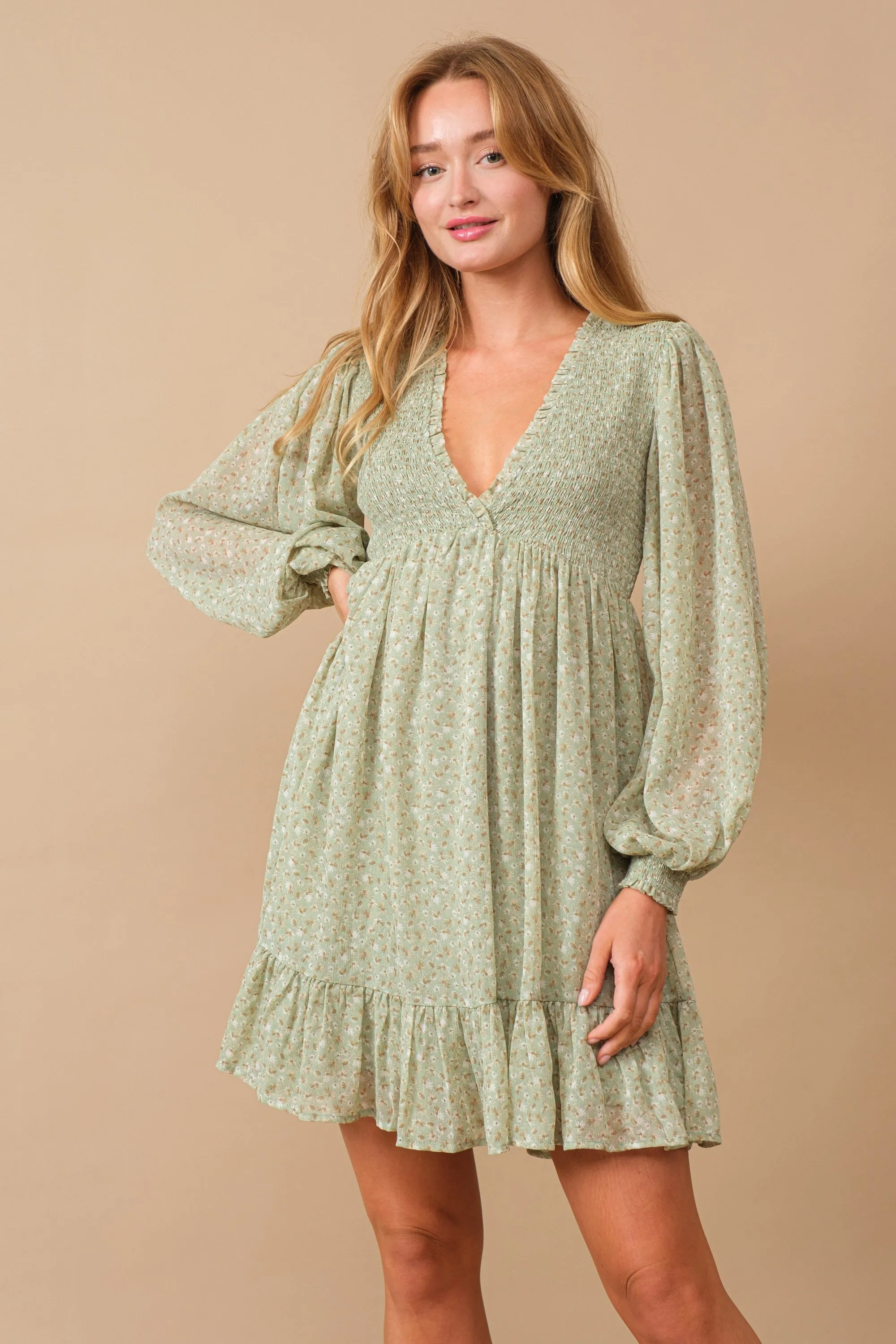 Sage Floral Smocked Long Sleeve Dress sold by Pinkblush