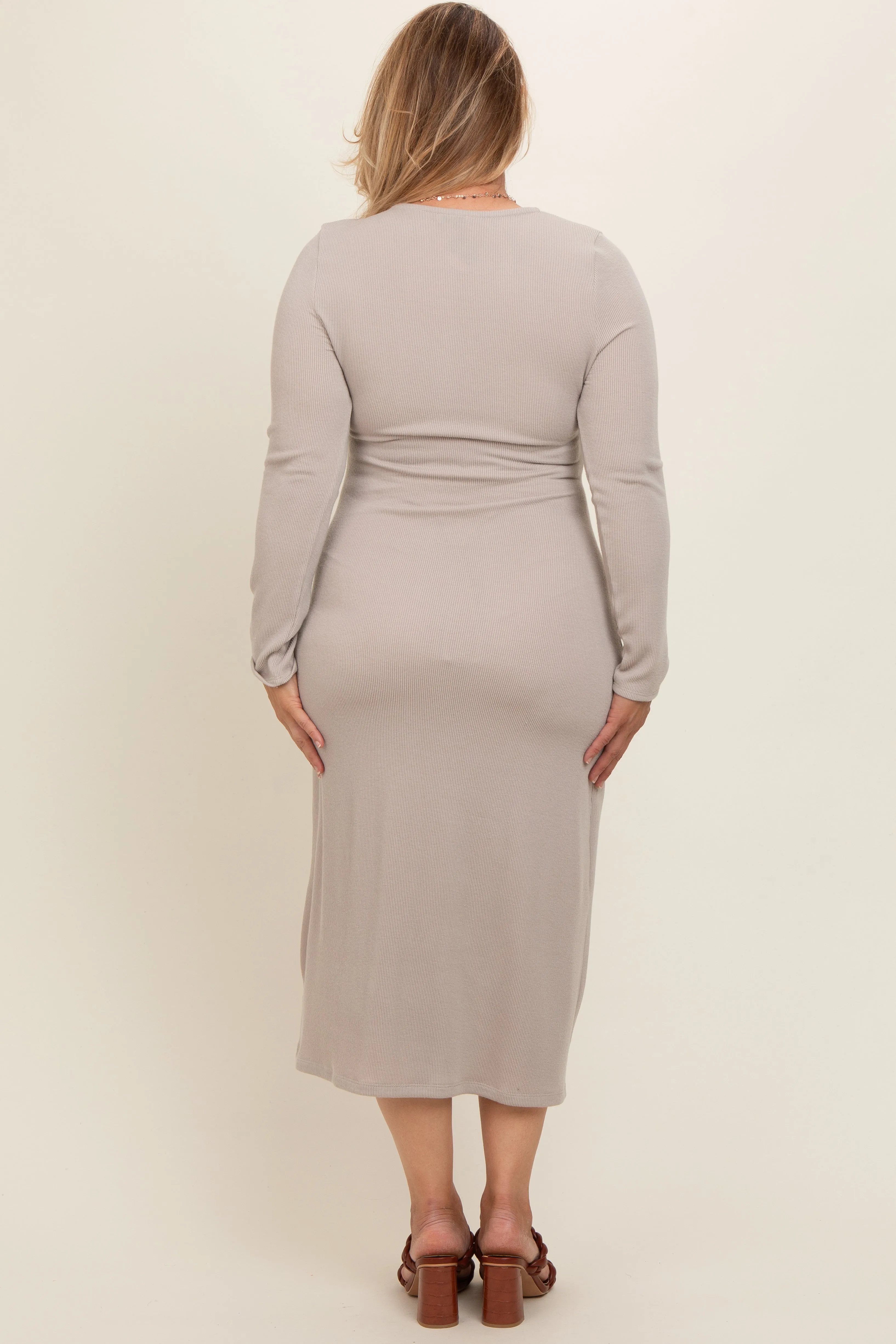 Cream Ribbed Long Sleeve Plus Maternity Wrap Nursing Dress sold by Pinkblush product image thumbnail 3