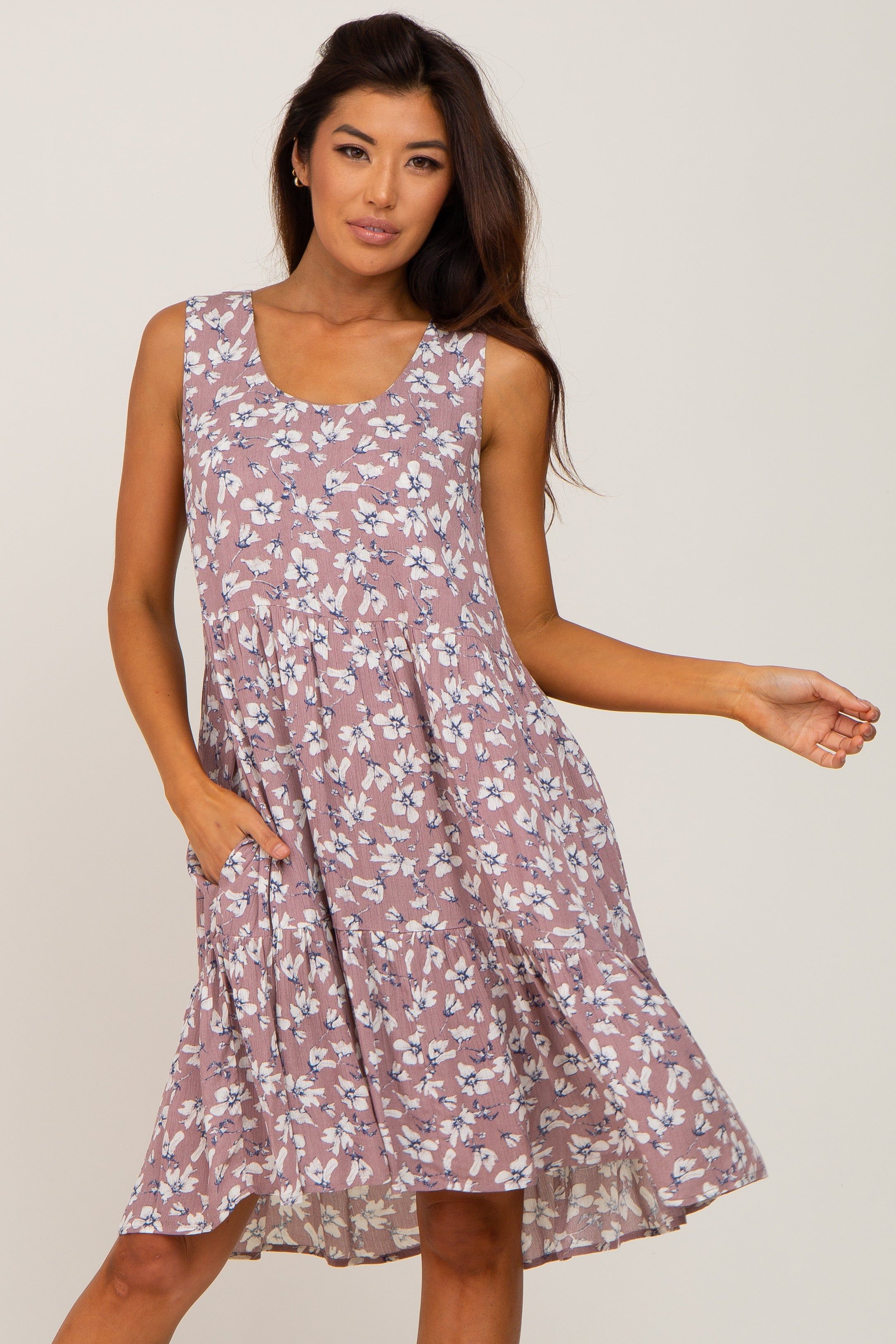 Mauve Floral Sleeveless Tiered Dress sold by Pinkblush product image thumbnail 2