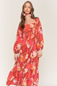 Rust Floral Square Neck Long Sleeve Midi Dress sold by Pinkblush