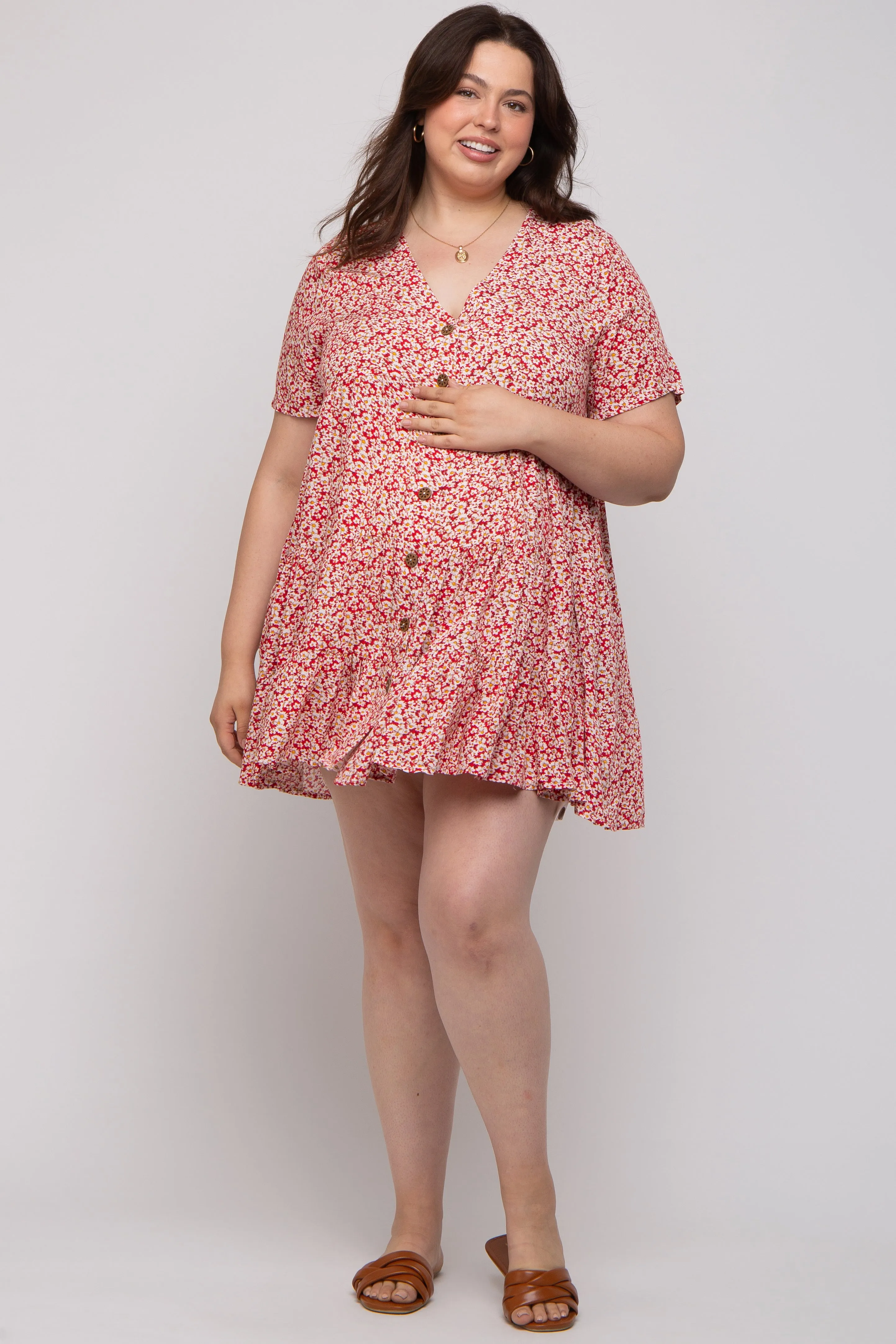 Red Floral Button Front Tiered Maternity Dress sold by Pinkblush
