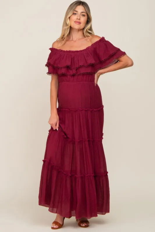 Burgundy Off Shoulder Eyelet Tiered Maternity Maxi Dress sold by Pinkblush