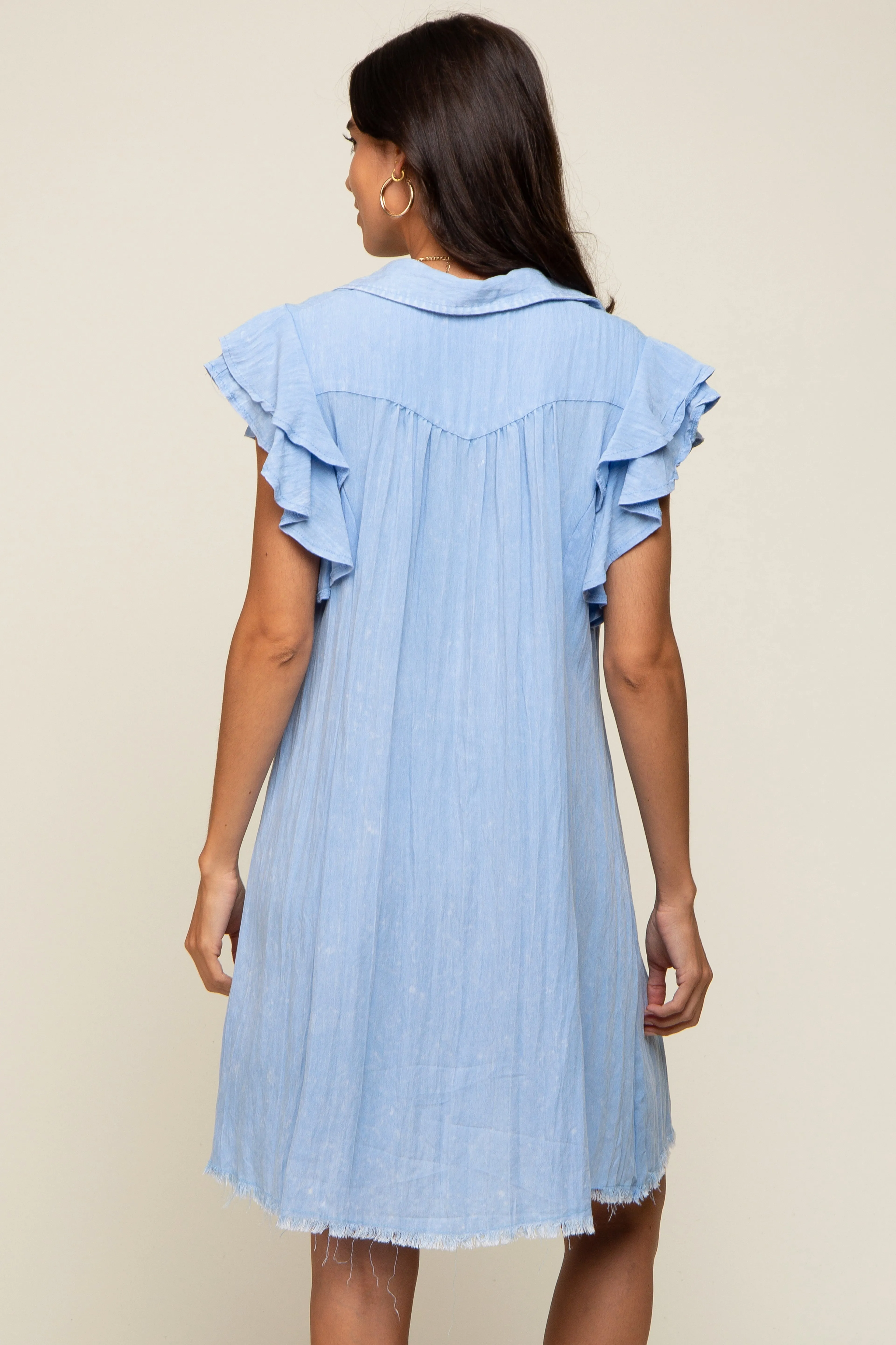 Light Blue Chambray Ruffle Sleeve Button Up Dress sold by Pinkblush product image thumbnail 4