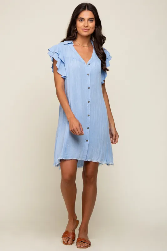 Light Blue Chambray Ruffle Sleeve Button Up Dress sold by Pinkblush