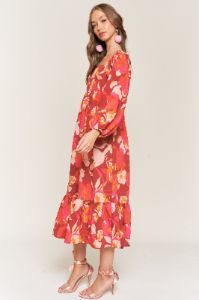 Rust Floral Square Neck Long Sleeve Midi Dress sold by Pinkblush