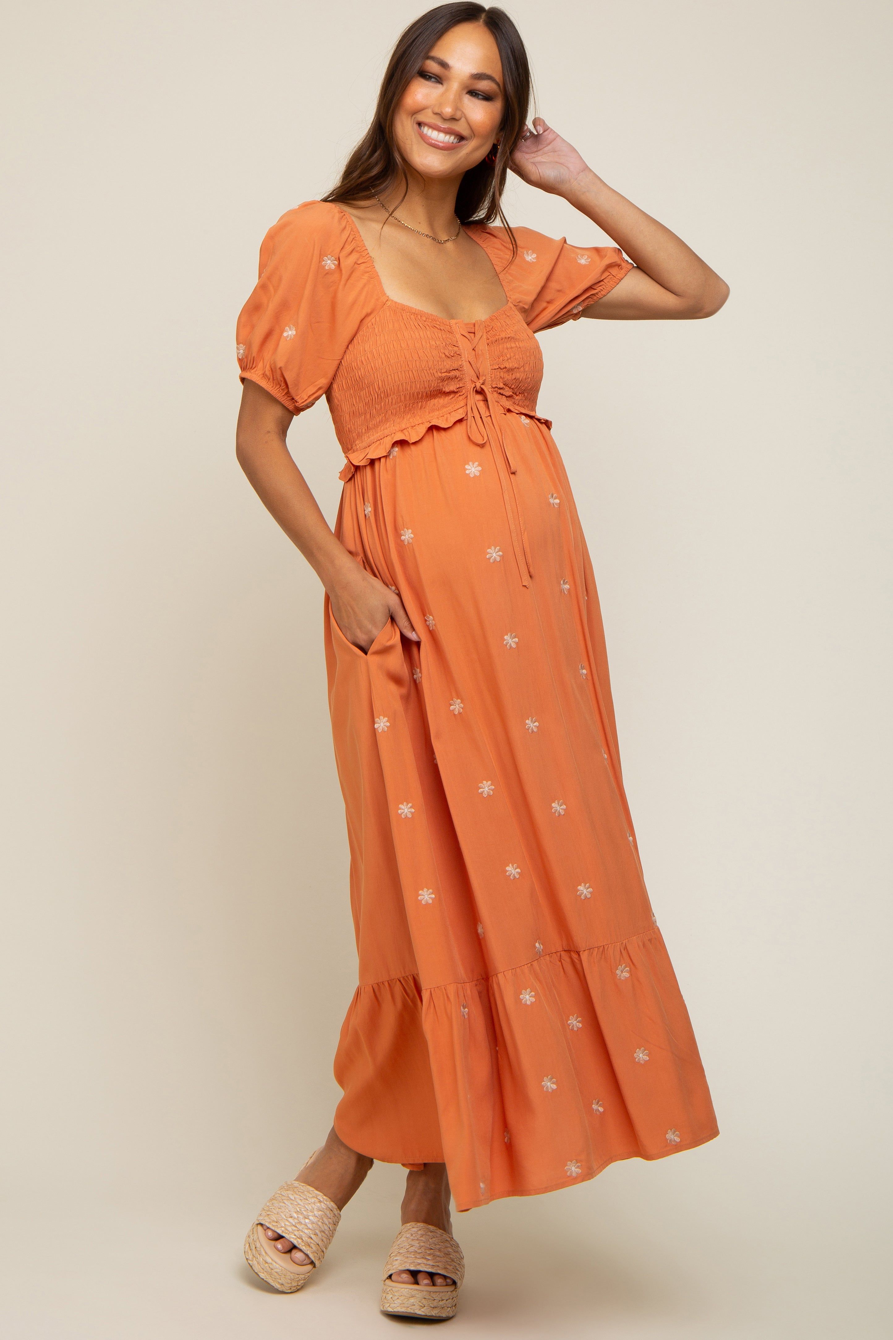 Rust Floral Embroidered Smocked Maternity Maxi Dress sold by Pinkblush product image thumbnail 5