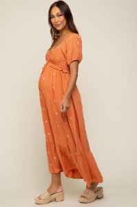 Rust Floral Embroidered Smocked Maternity Maxi Dress sold by Pinkblush