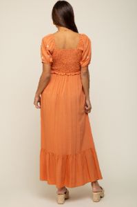 Rust Floral Embroidered Smocked Maternity Maxi Dress sold by Pinkblush