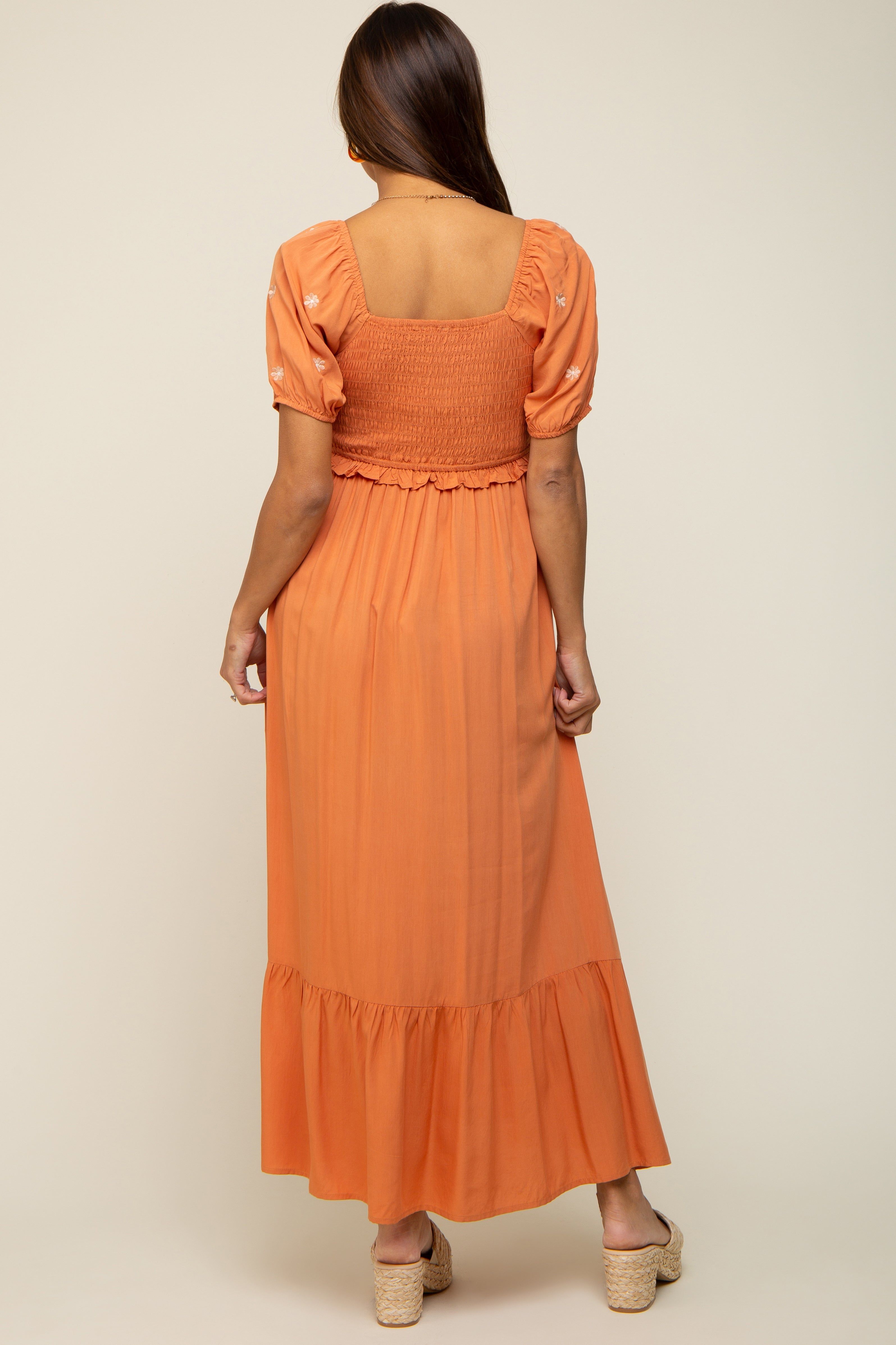 Rust Floral Embroidered Smocked Maternity Maxi Dress sold by Pinkblush product image thumbnail 3