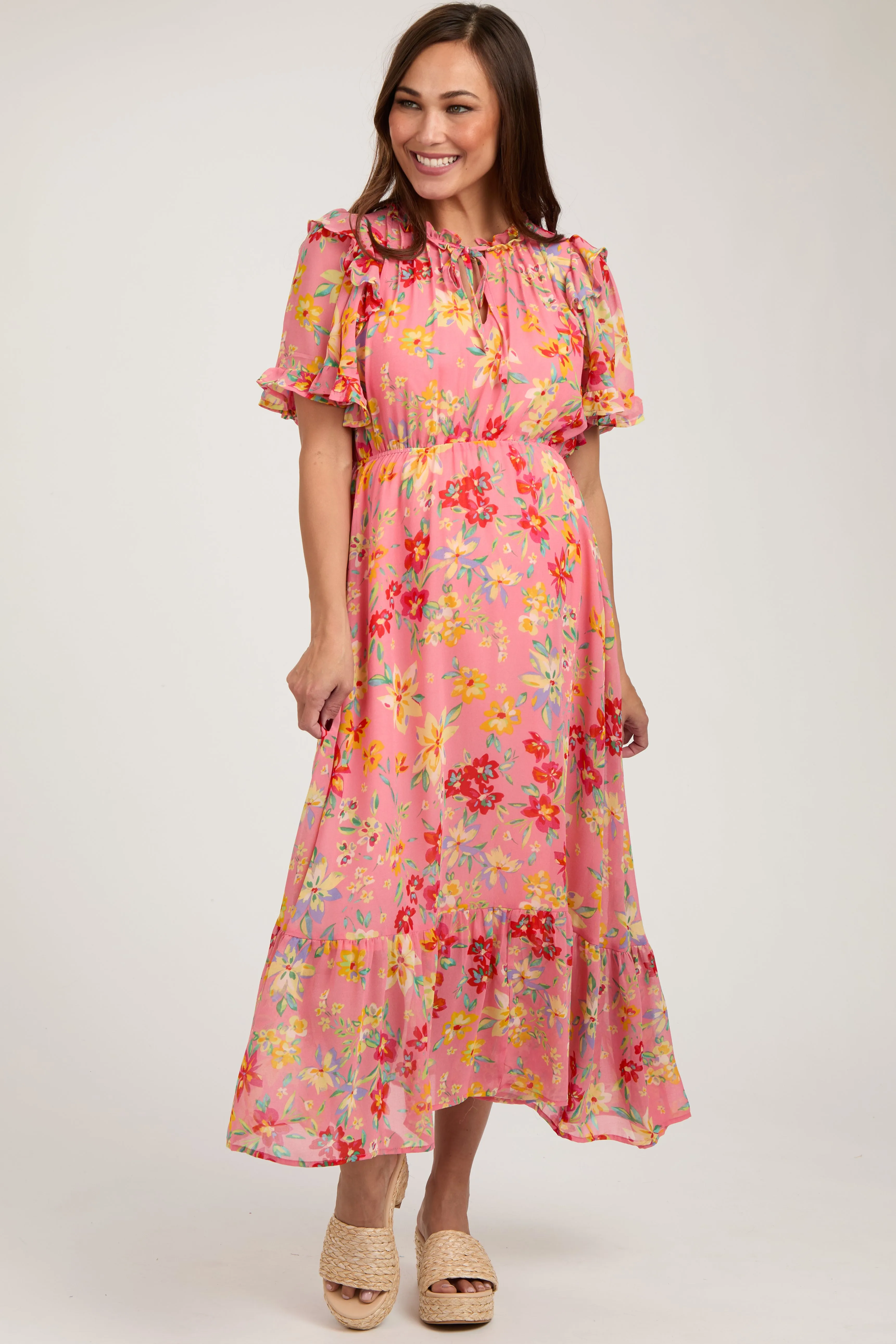 Coral Pink Floral Ruffle Accent Maternity Midi Dress sold by Pinkblush