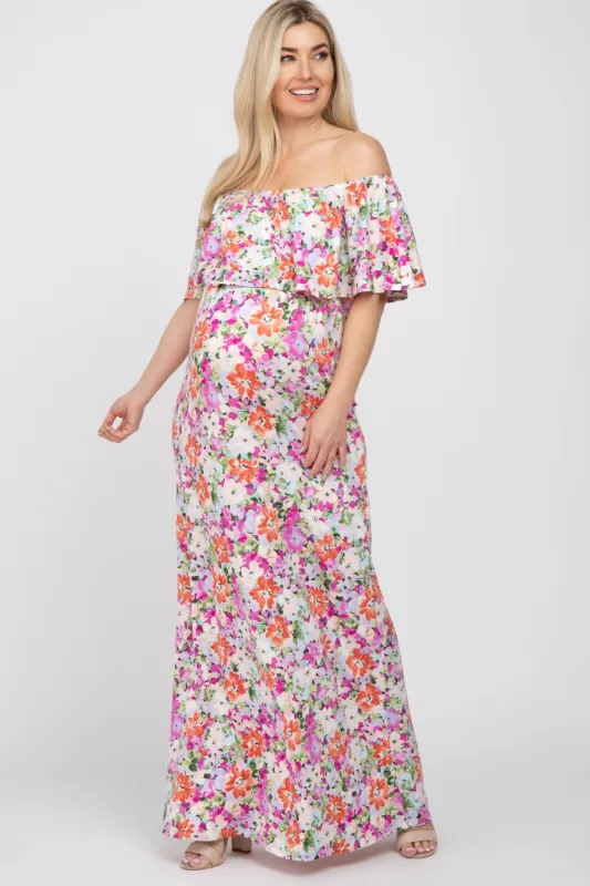 Fuchsia Floral Off Shoulder Maternity Maxi Dress sold by Pinkblush