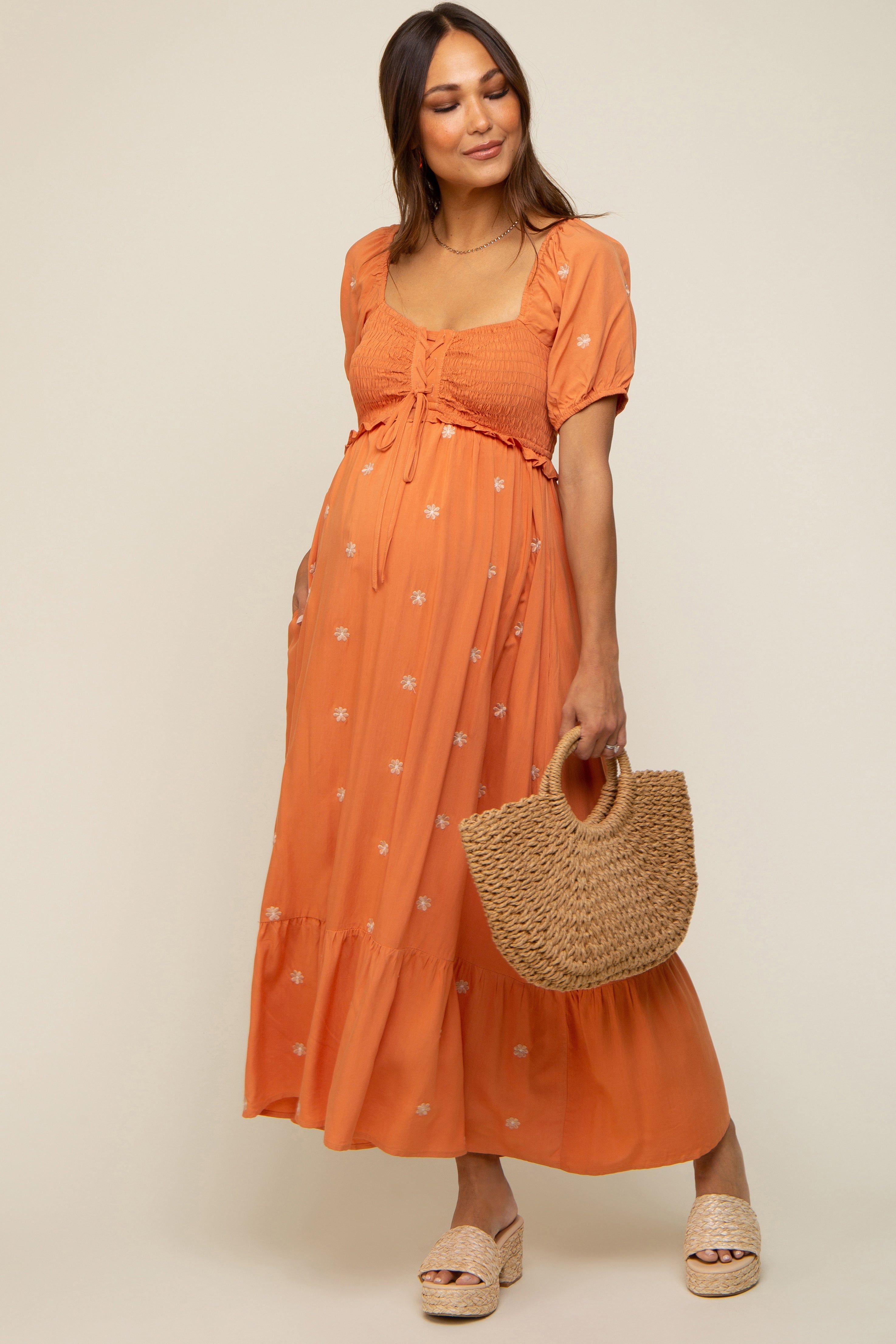Rust Floral Embroidered Smocked Maternity Maxi Dress sold by Pinkblush