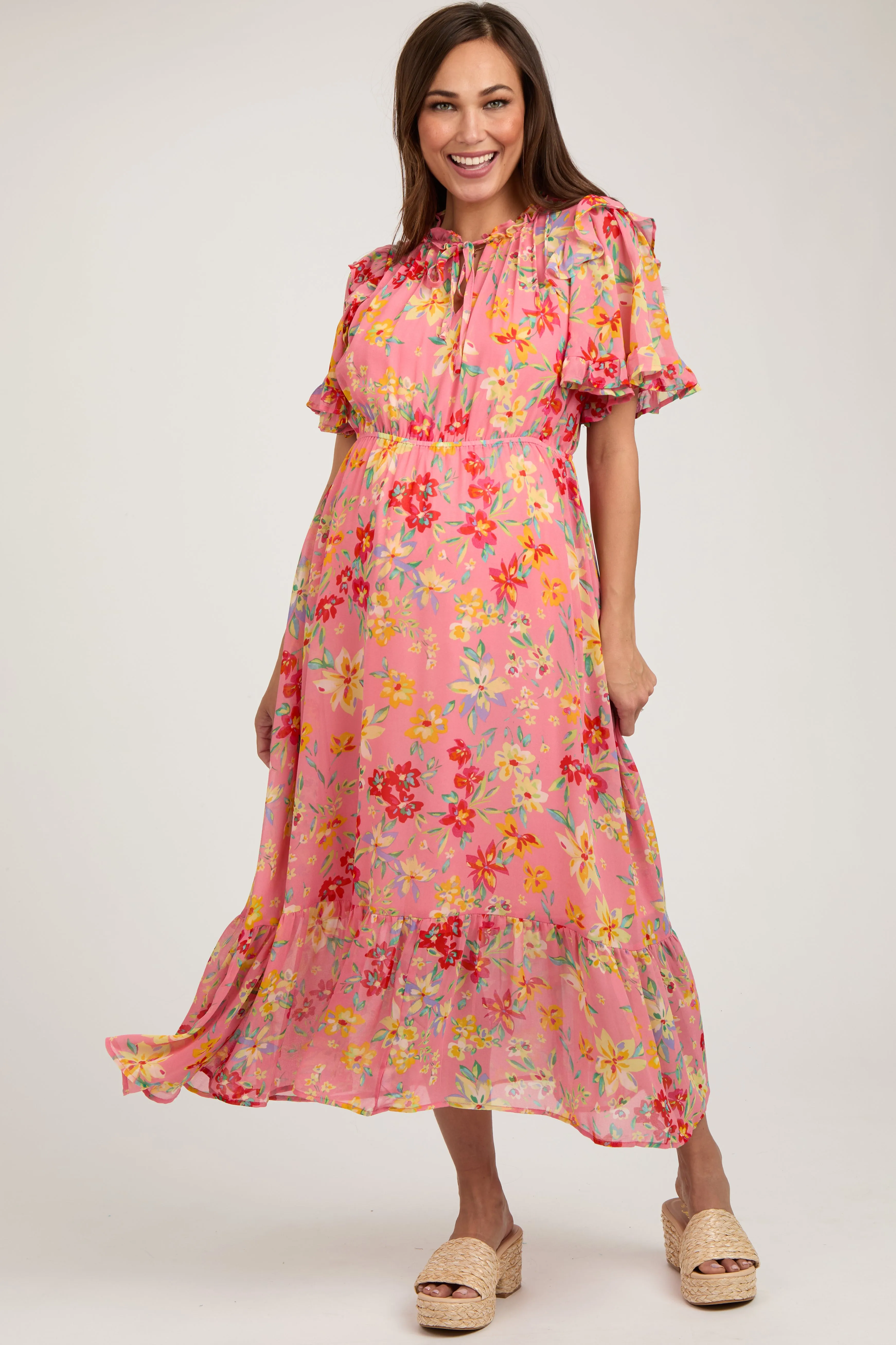 Coral Pink Floral Ruffle Accent Maternity Midi Dress sold by Pinkblush product image thumbnail 2