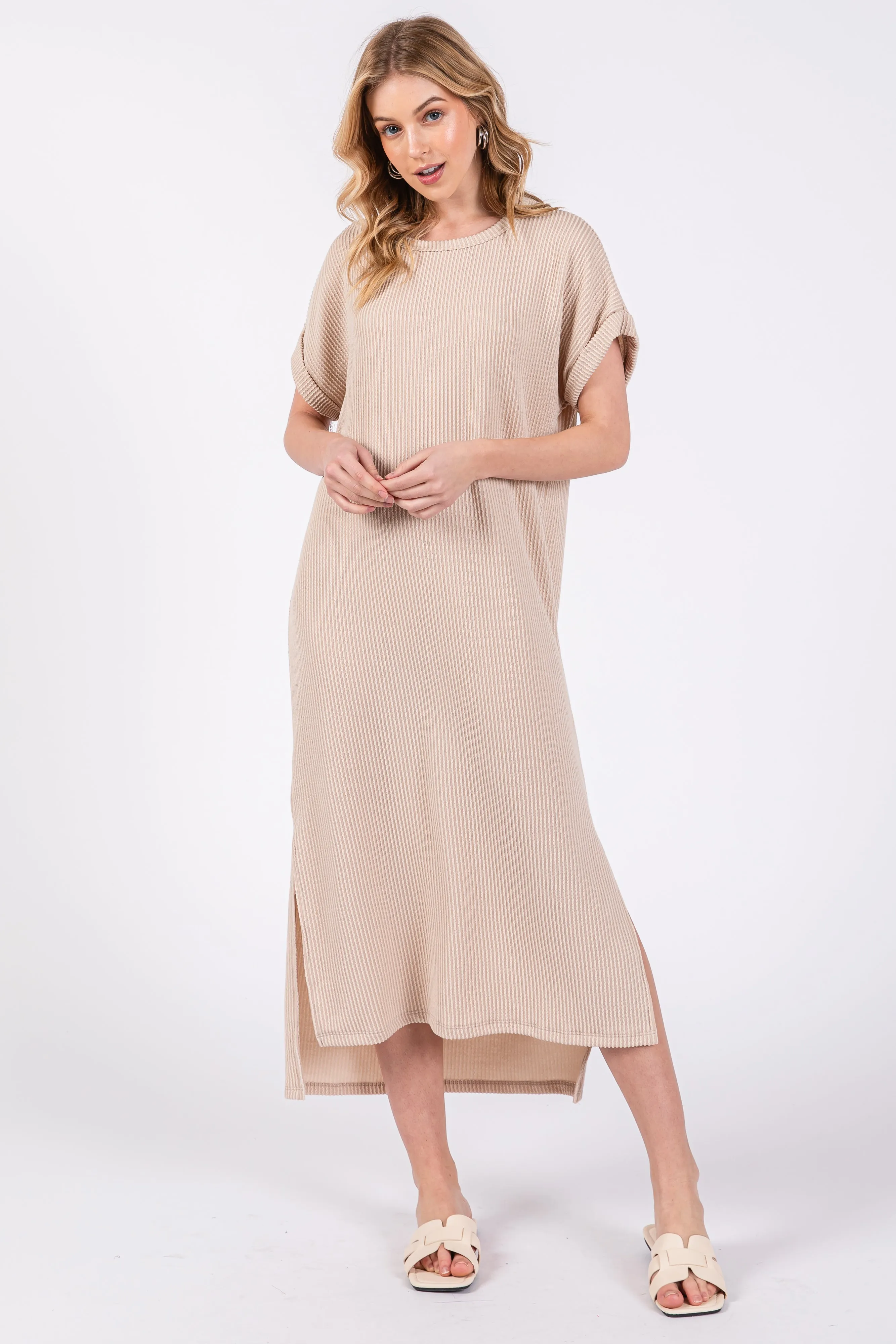 Beige Ribbed Short Sleeve Maternity Midi Dress sold by Pinkblush product image thumbnail 4