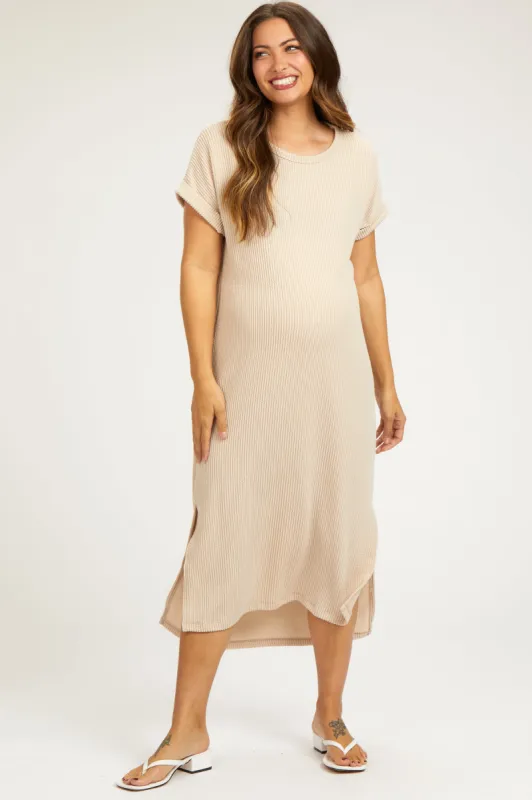 Beige Ribbed Short Sleeve Maternity Midi Dress sold by Pinkblush