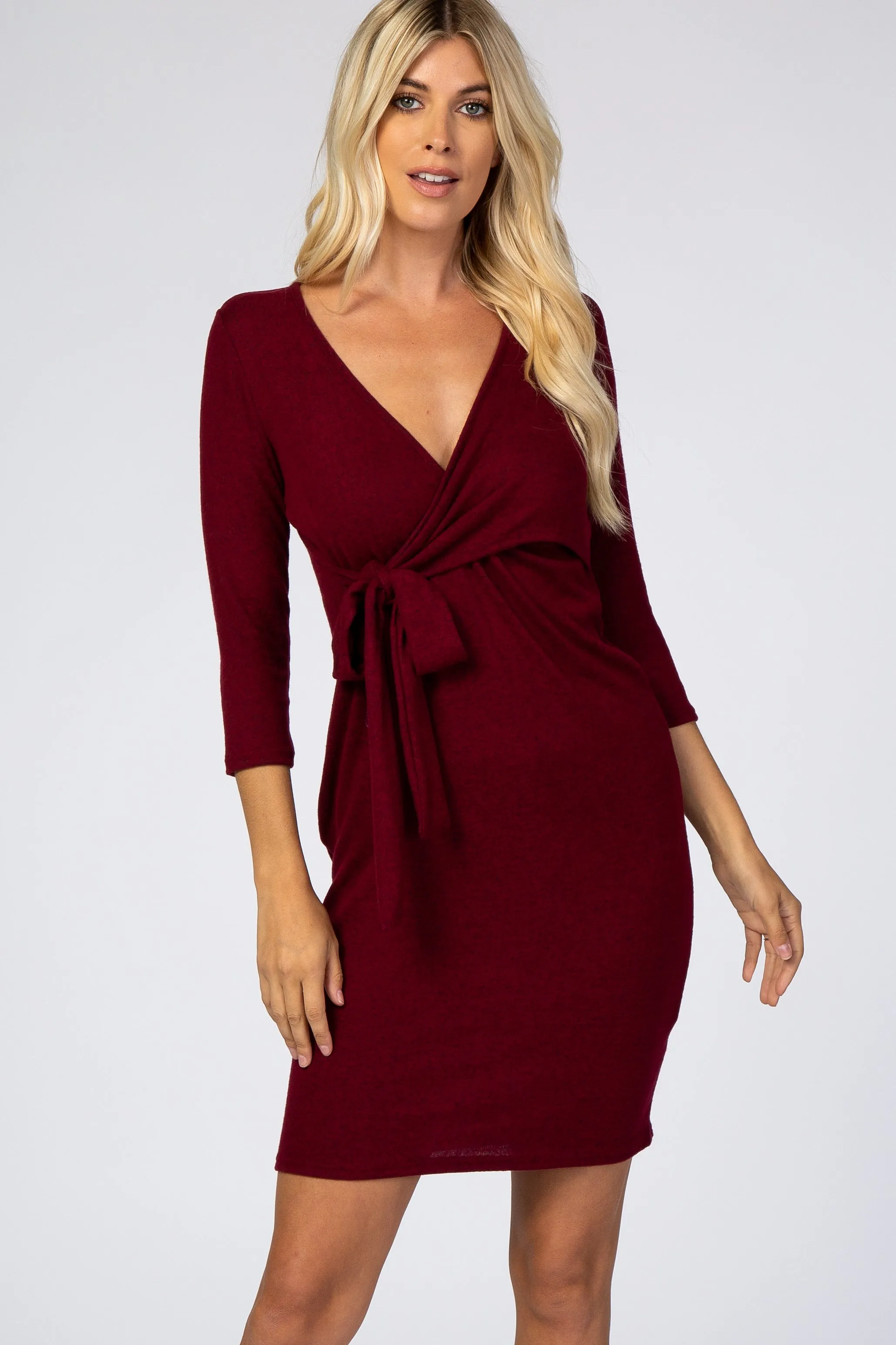 Burgundy Brushed Knit Wrap Fitted Nursing Dress sold by Pinkblush