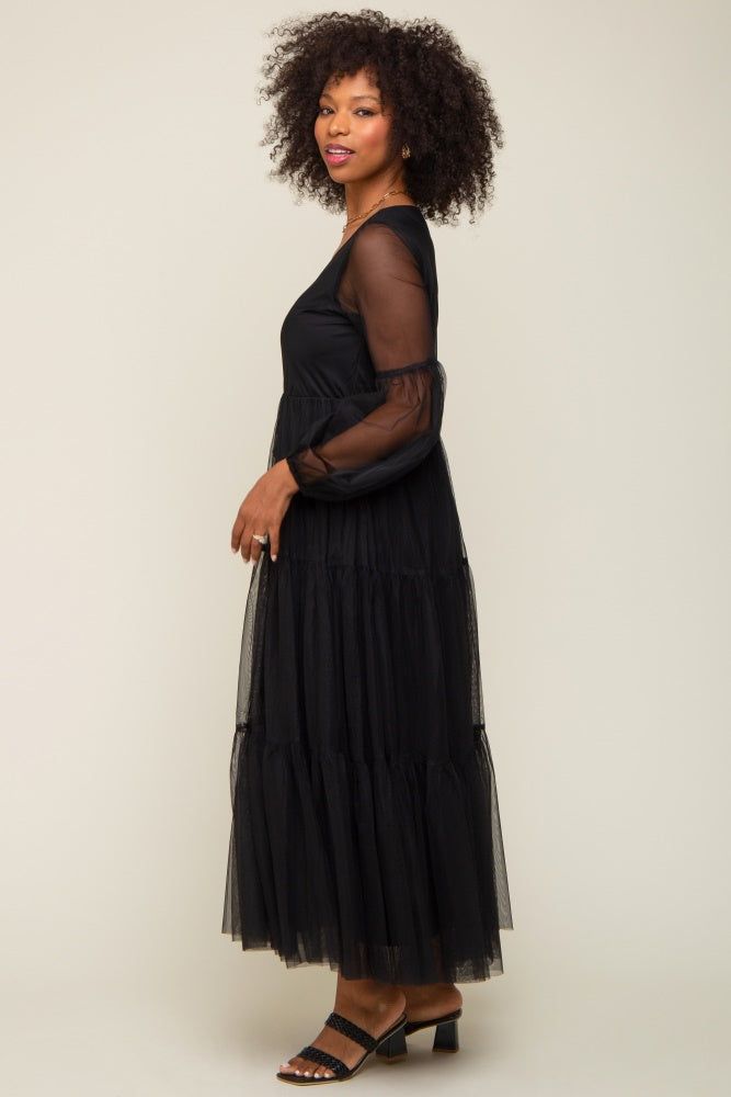 Black Mesh Overlay Tiered Maxi Dress sold by Pinkblush product image thumbnail 2