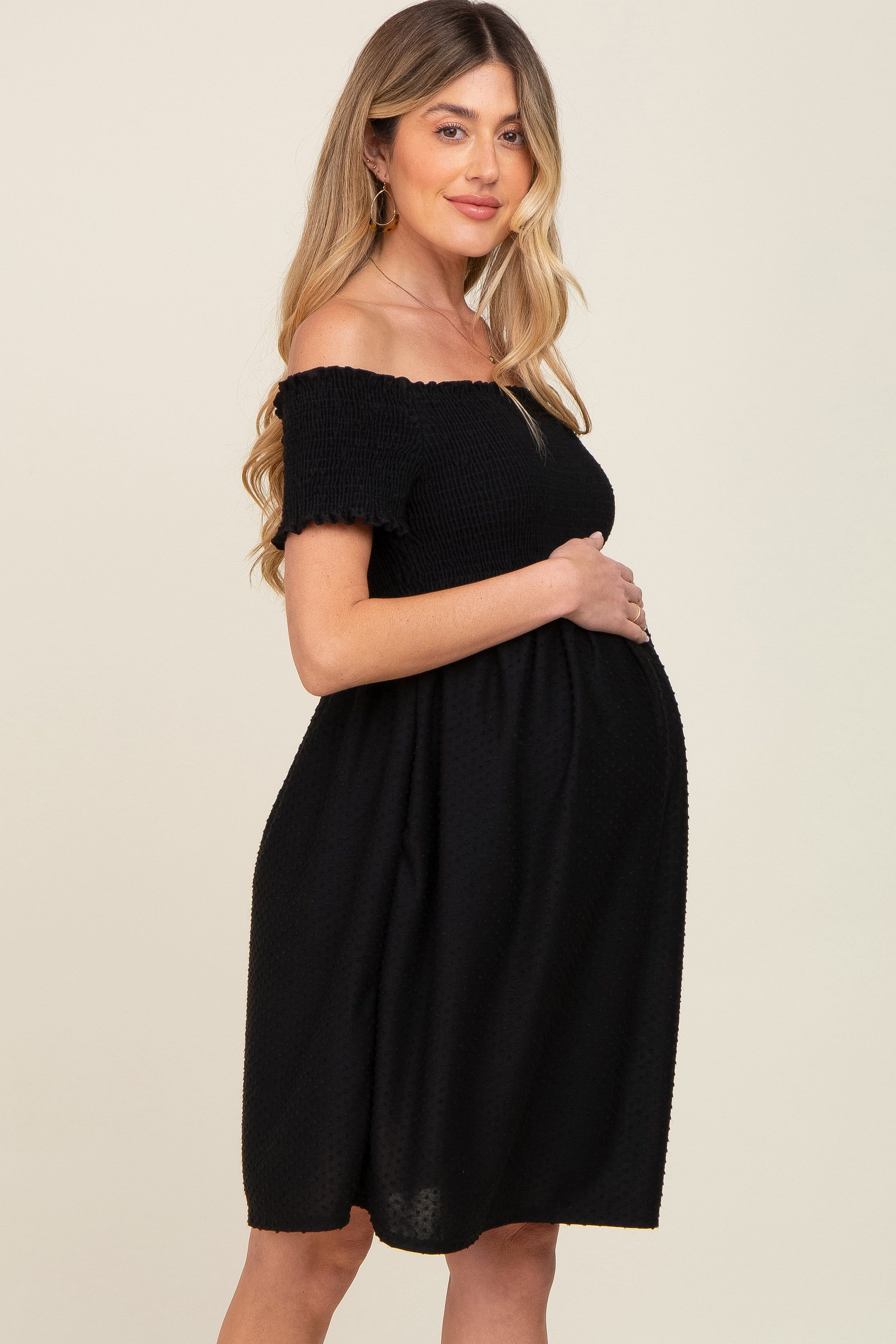 Black Swiss Dot Off Shoulder Maternity Dress sold by Pinkblush product image thumbnail 2